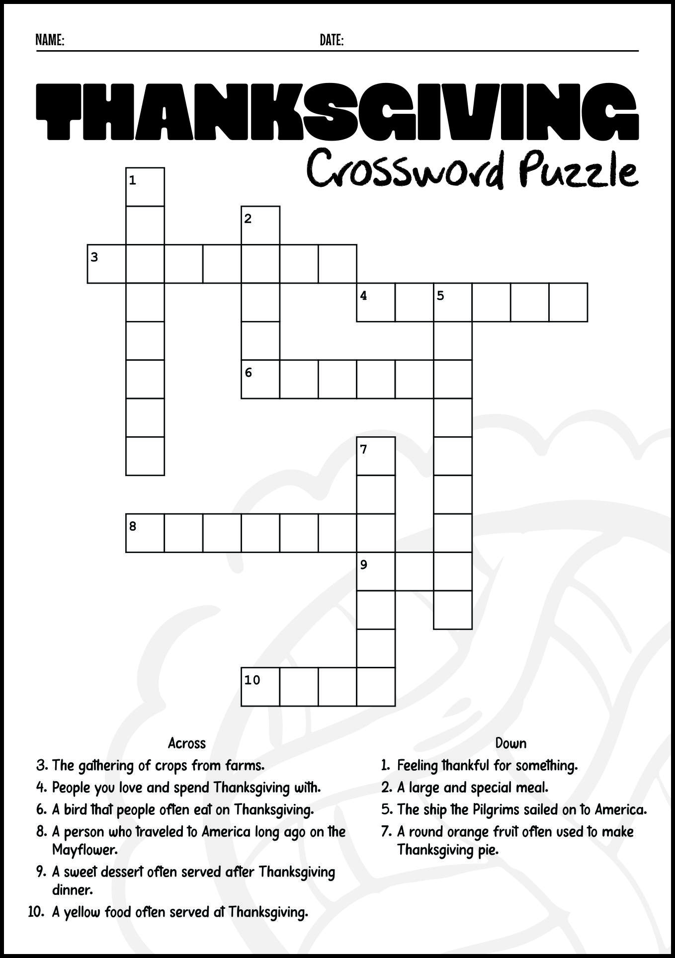 Thanksgiving Crossword Puzzles for First Graders