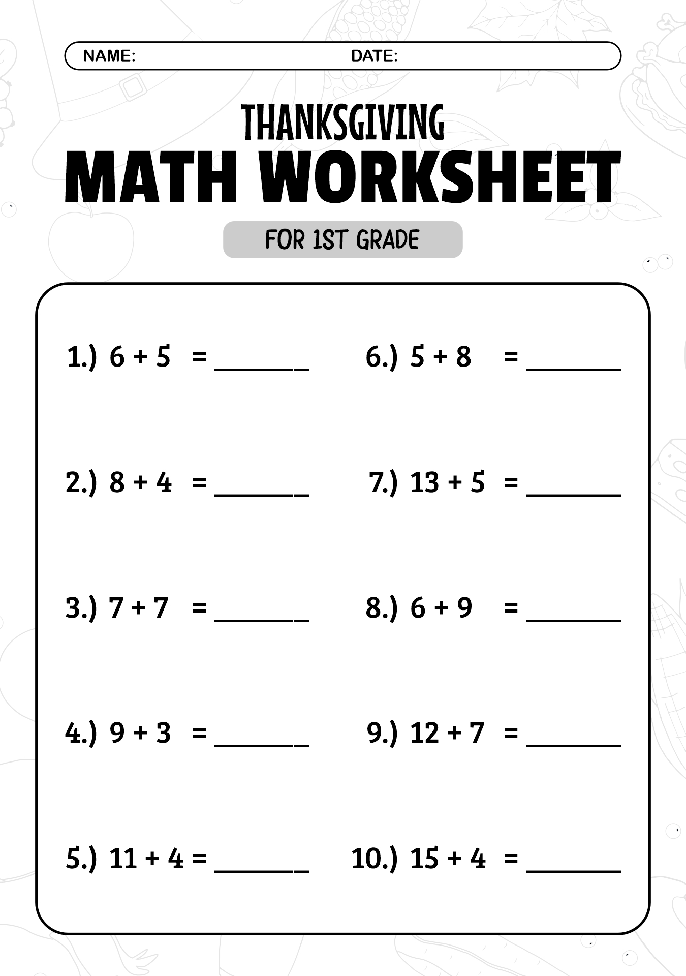 Thanksgiving Math Worksheets for 1st Grade
