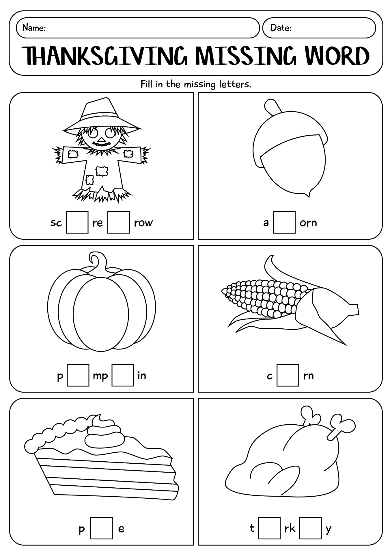 Thanksgiving Missing Word Worksheet