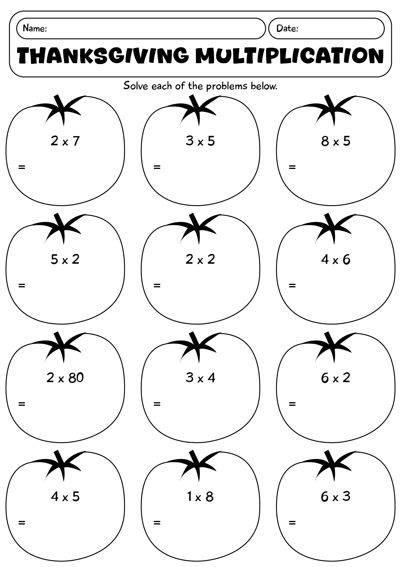 Thanksgiving Multiplication Worksheet