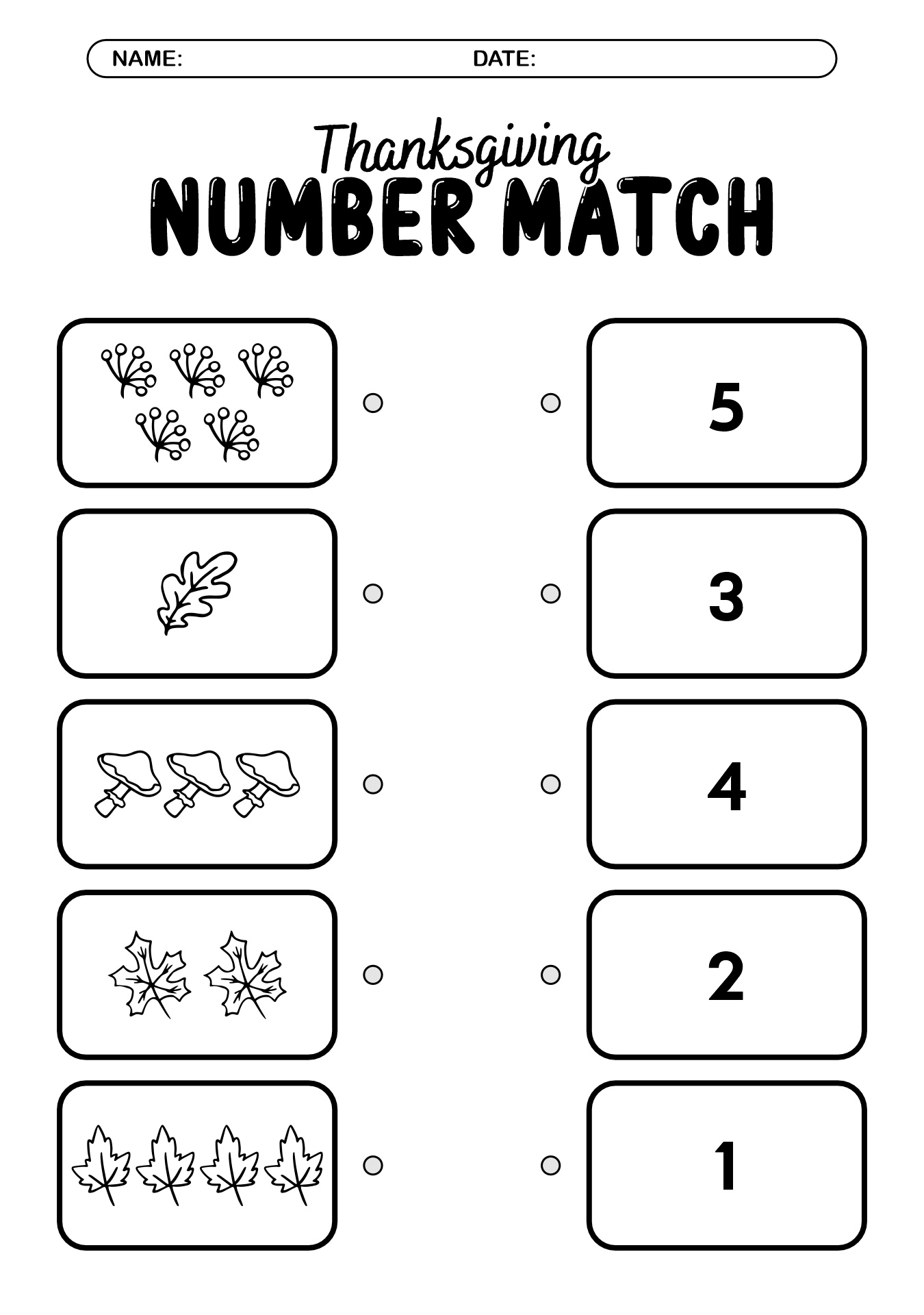 Thanksgiving Number Match Worksheets for Preschool