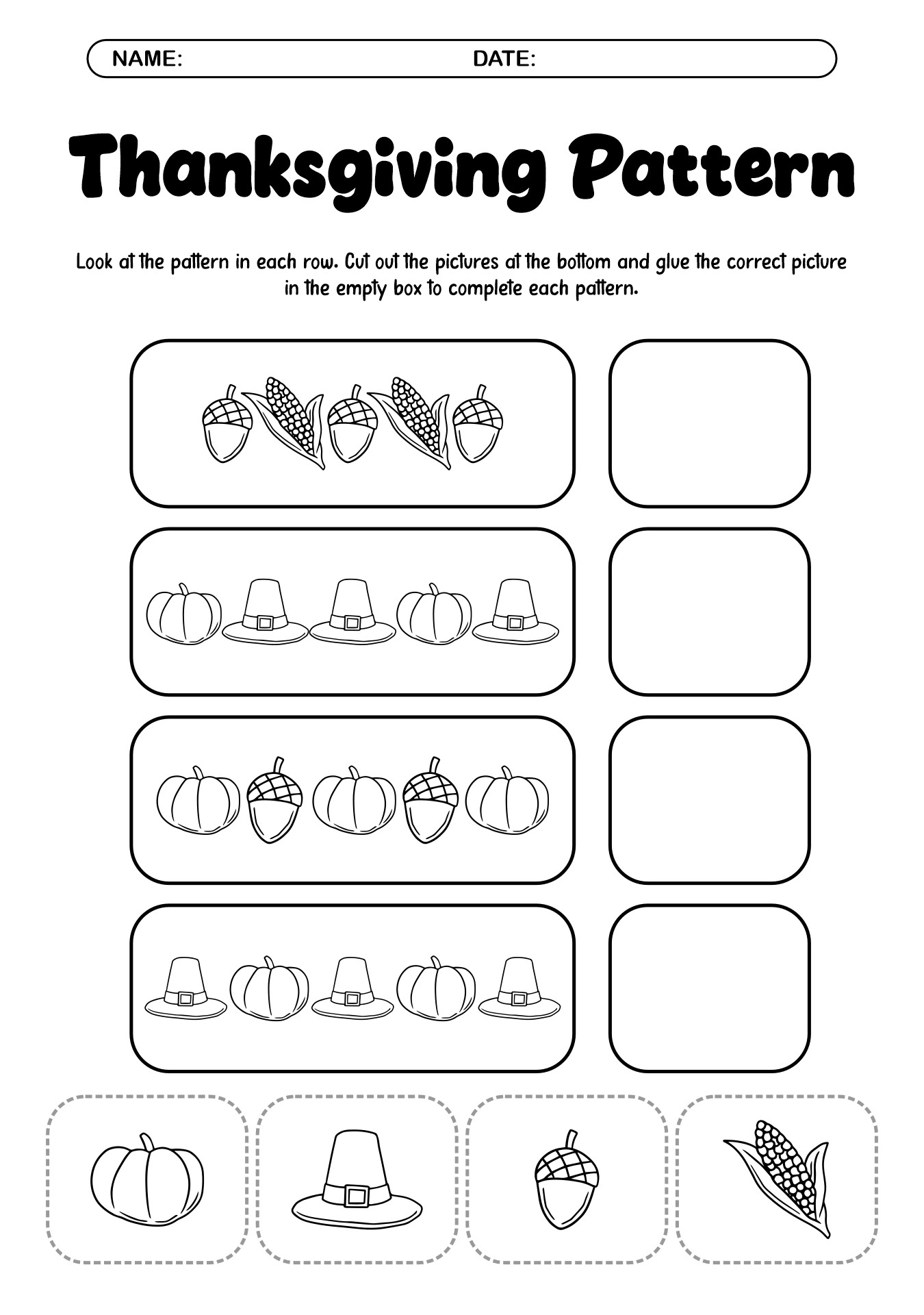 Thanksgiving Pattern Worksheets for 1st Grade