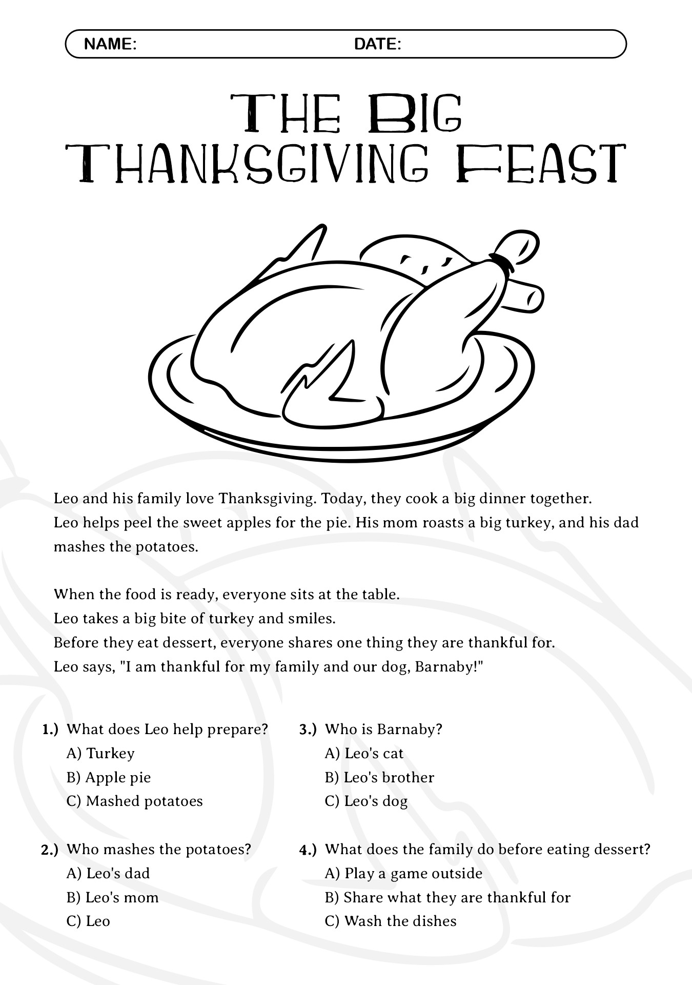 Thanksgiving Reading Comprehension 1st Grade
