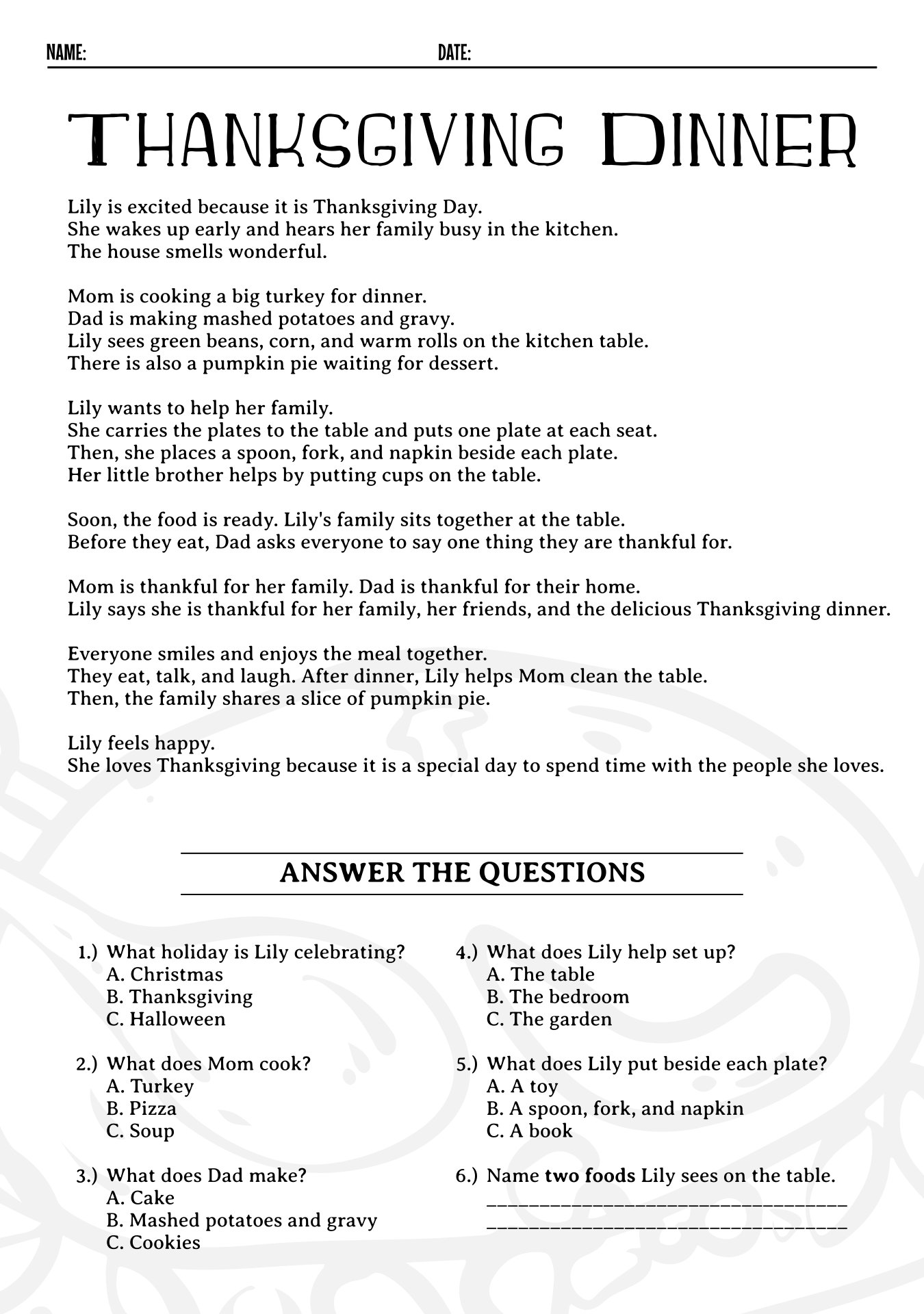 Thanksgiving Reading Comprehension Worksheets 1st Grade
