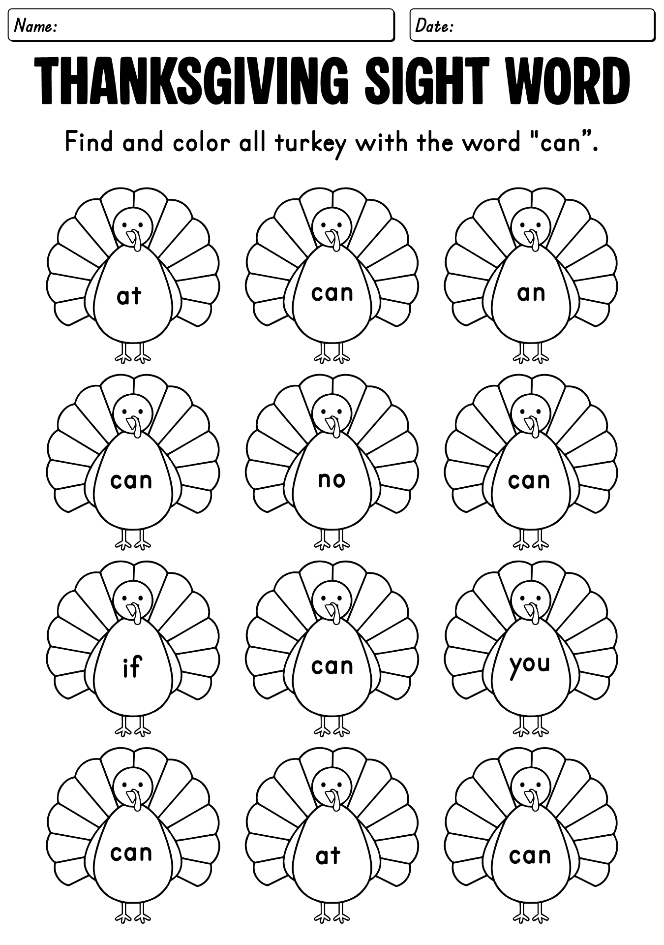 Thanksgiving Sight Words Worksheet
