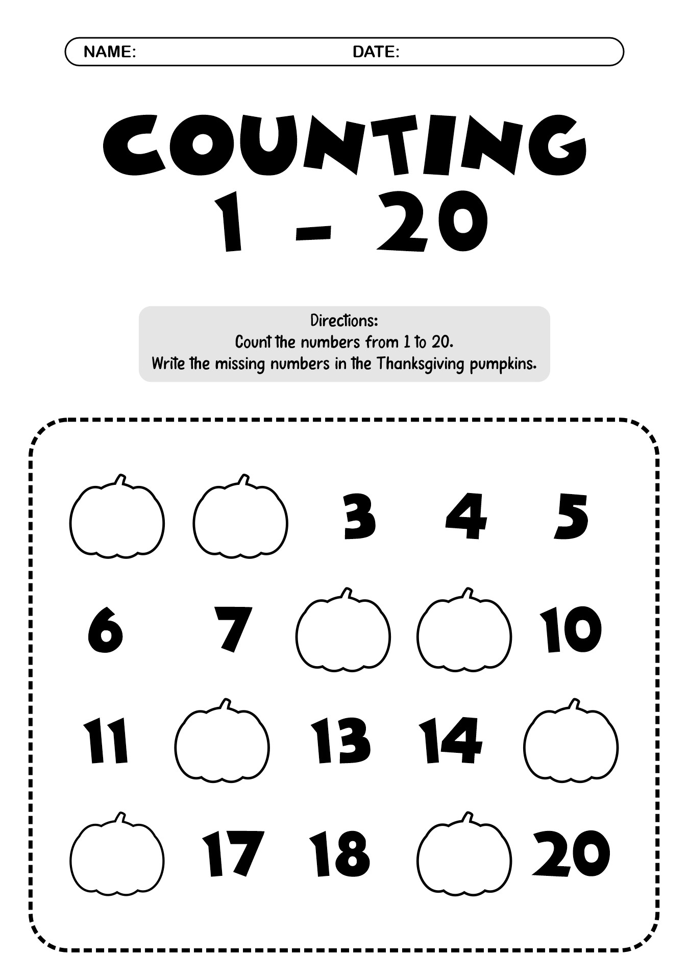 Thanksgiving Themed Counting Worksheets for 1st Grade
