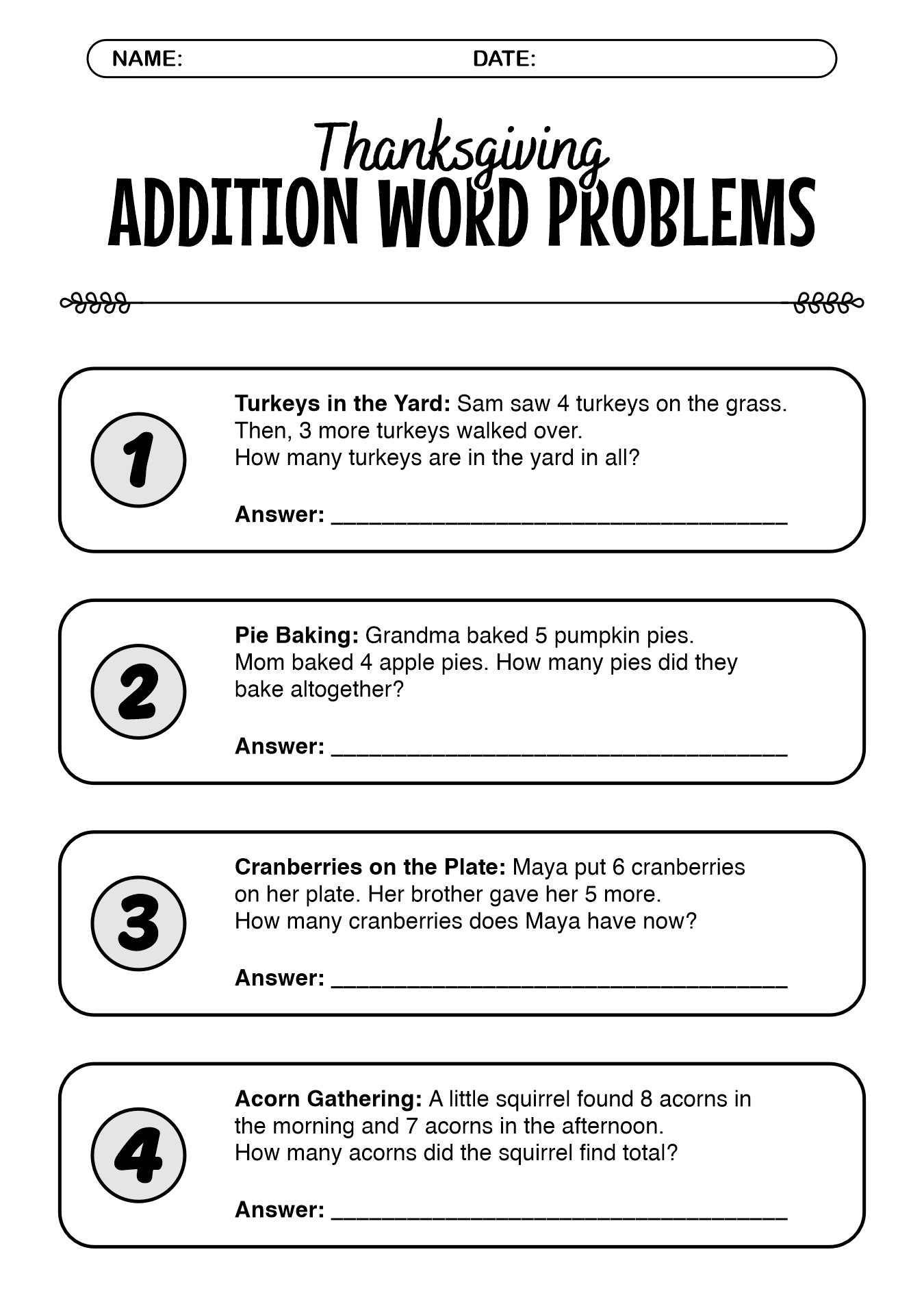 Thanksgiving-Themed Word Problems for 1st Grade