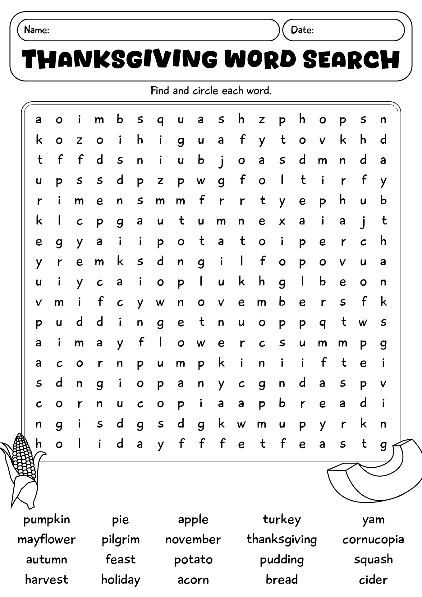 Thanksgiving Word Search Worksheet