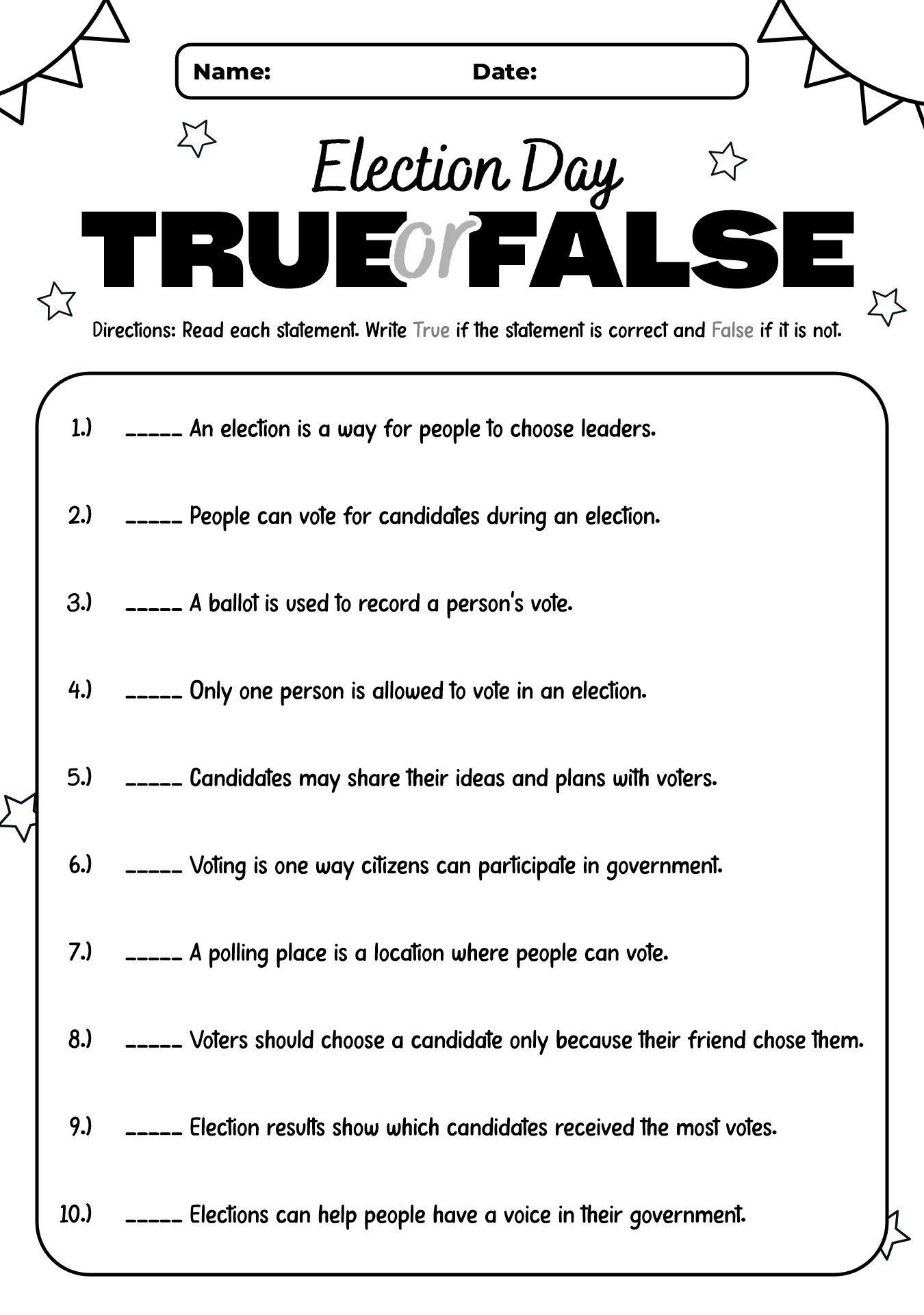 True and False Election Worksheet for 4th Grade