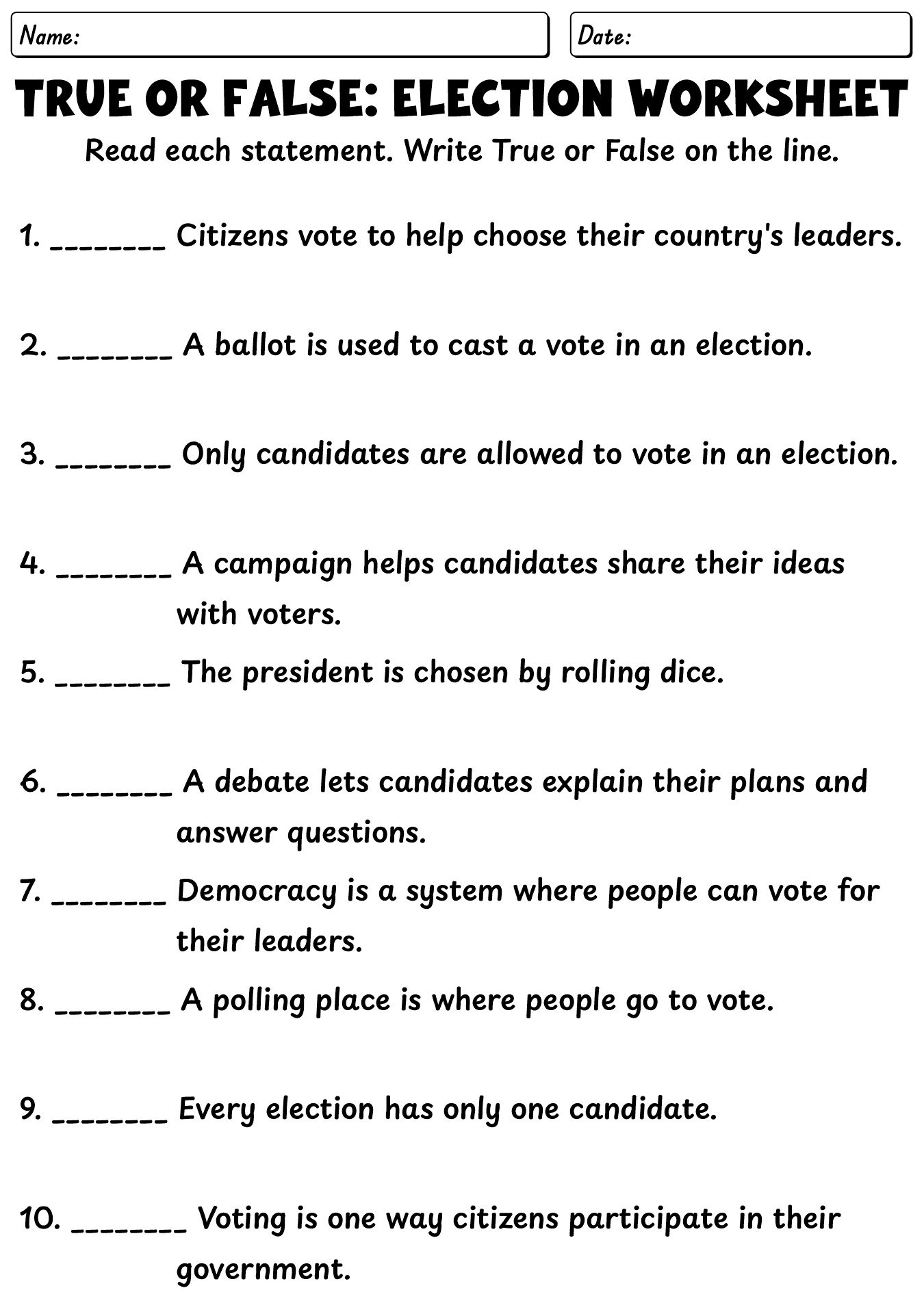 True Or False Election Worksheet For 5th Grade Students
