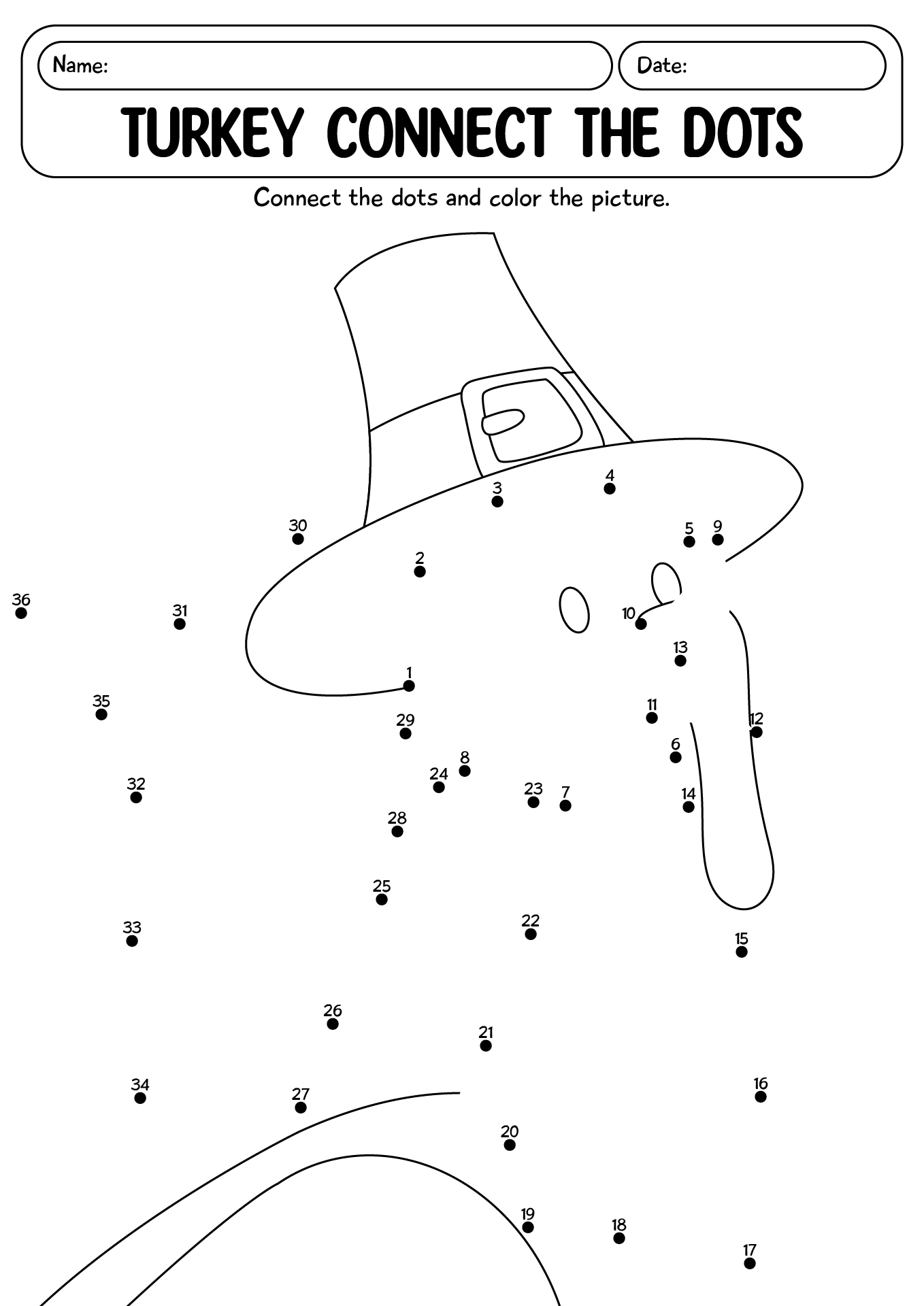 Turkey Connect The Dot Worksheet For Kids
