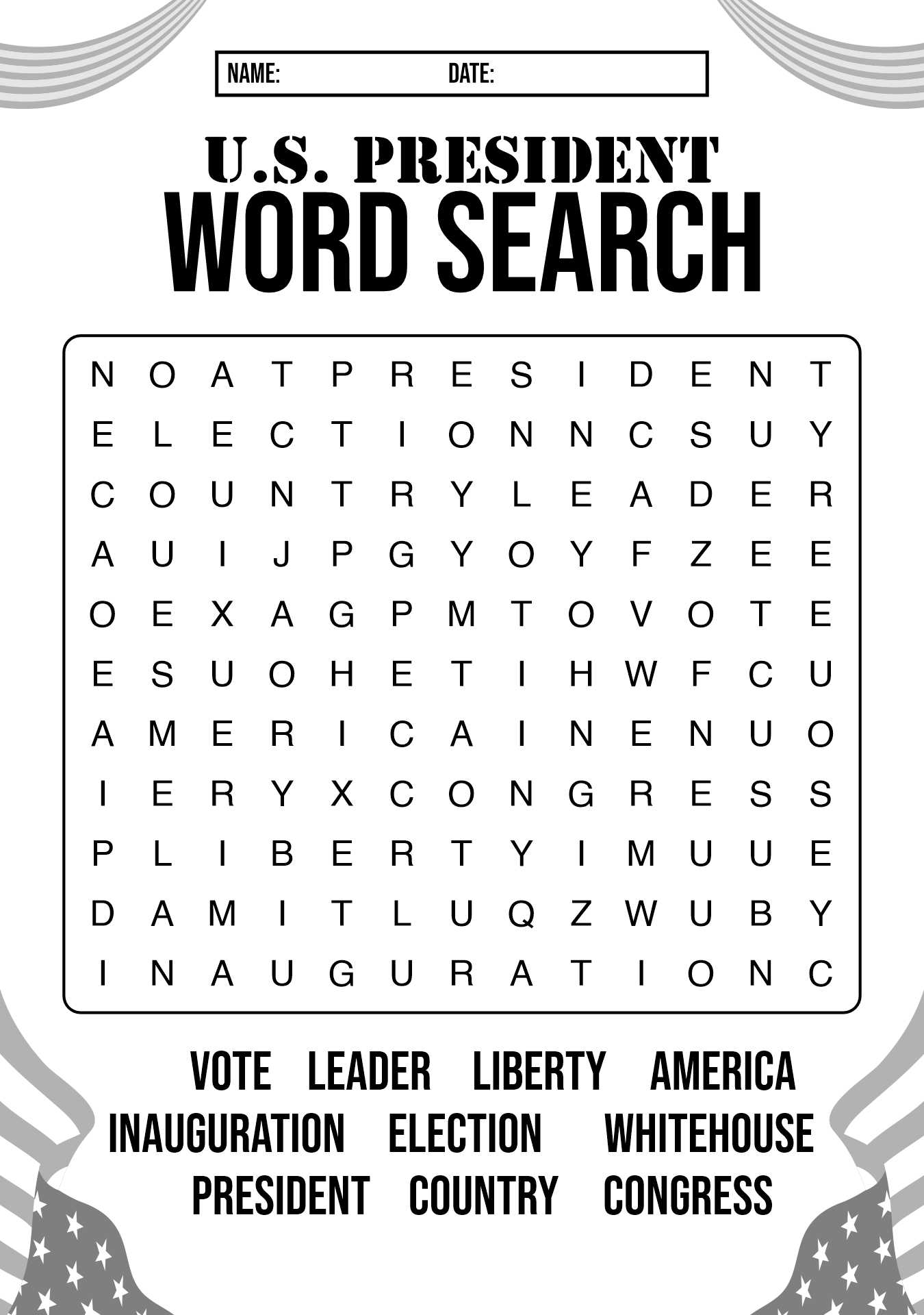 US Presidents Word Search Worksheet