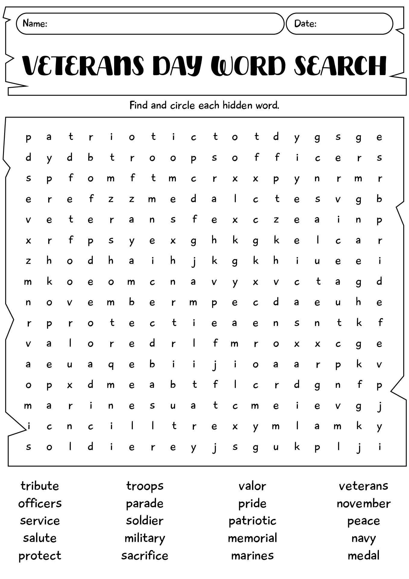 Veteran Day History Word Search Worksheet