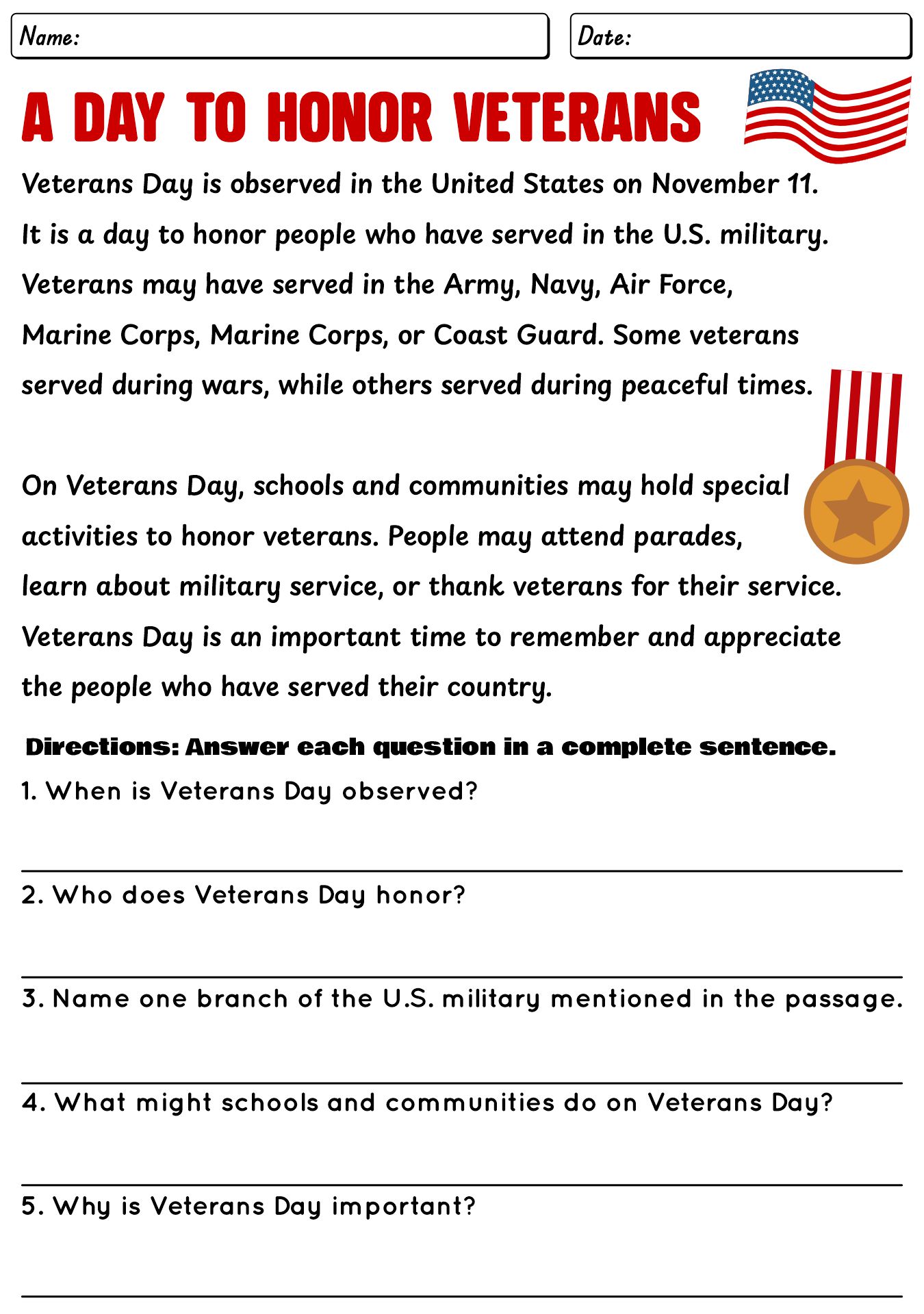 Veterans Day Comprehension Worksheets for Elementary