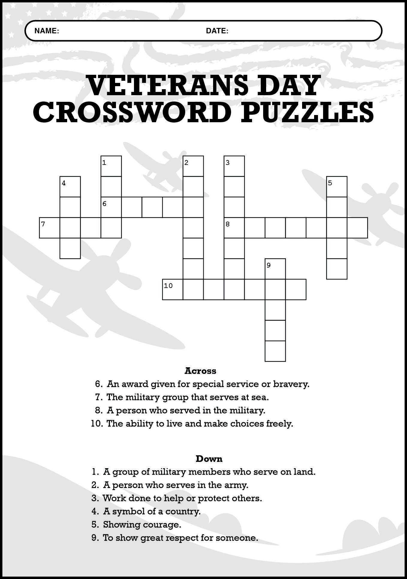 Veterans Day Crossword Puzzles for Elementary Level