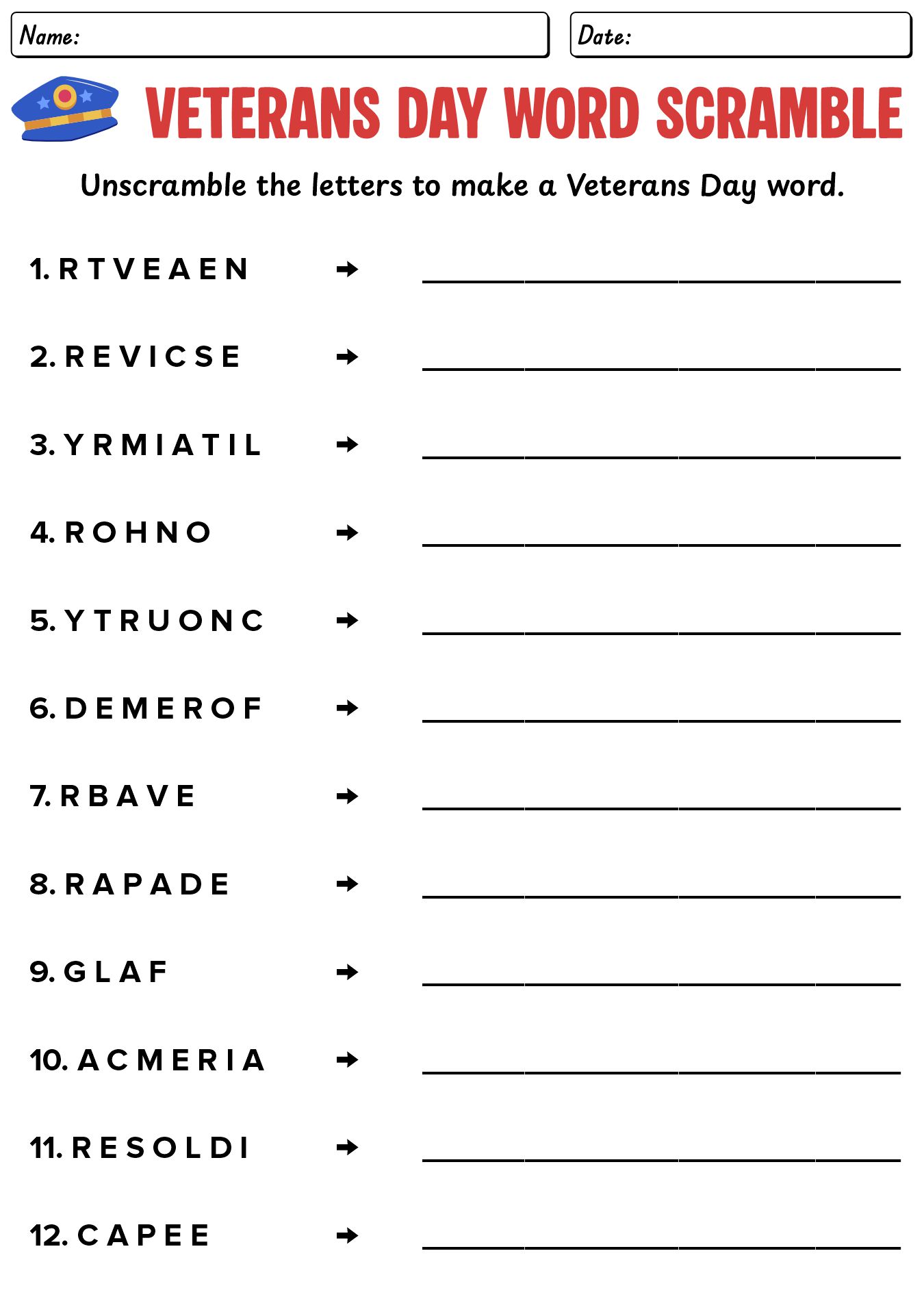 Veterans Day Educational Worksheets for Kids