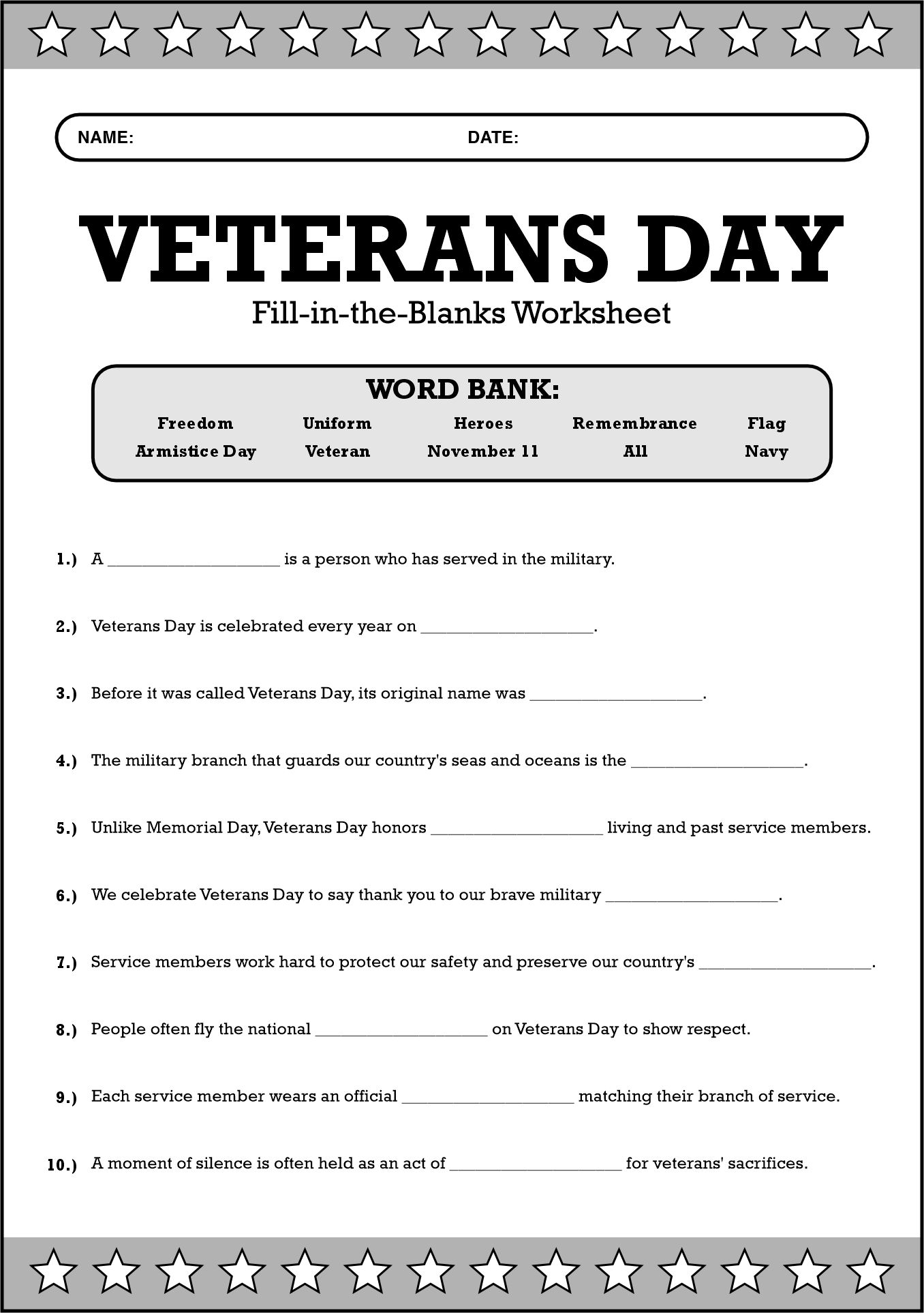 Veterans Day Fact Worksheet for Young Students