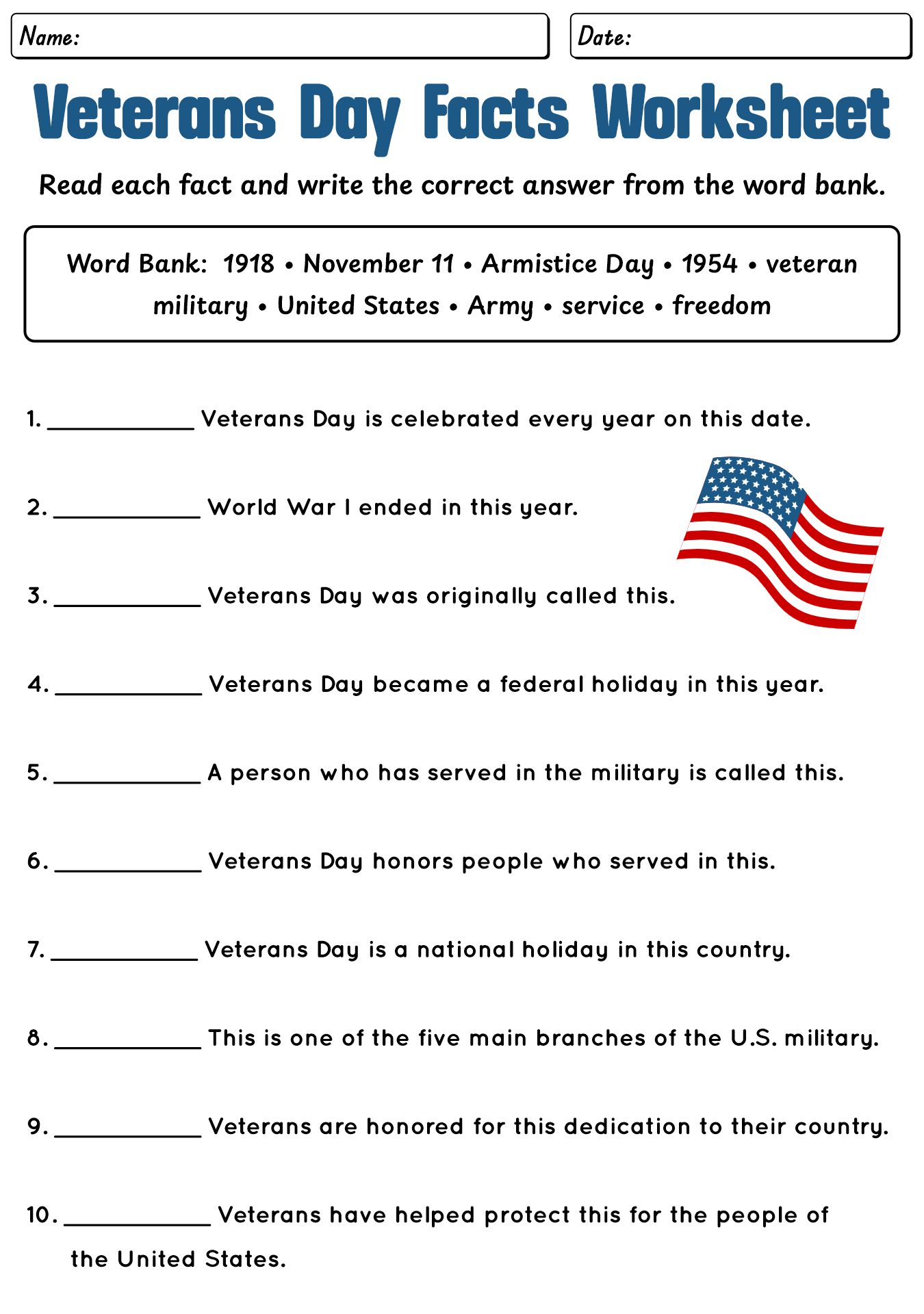Veterans Day Facts Worksheet