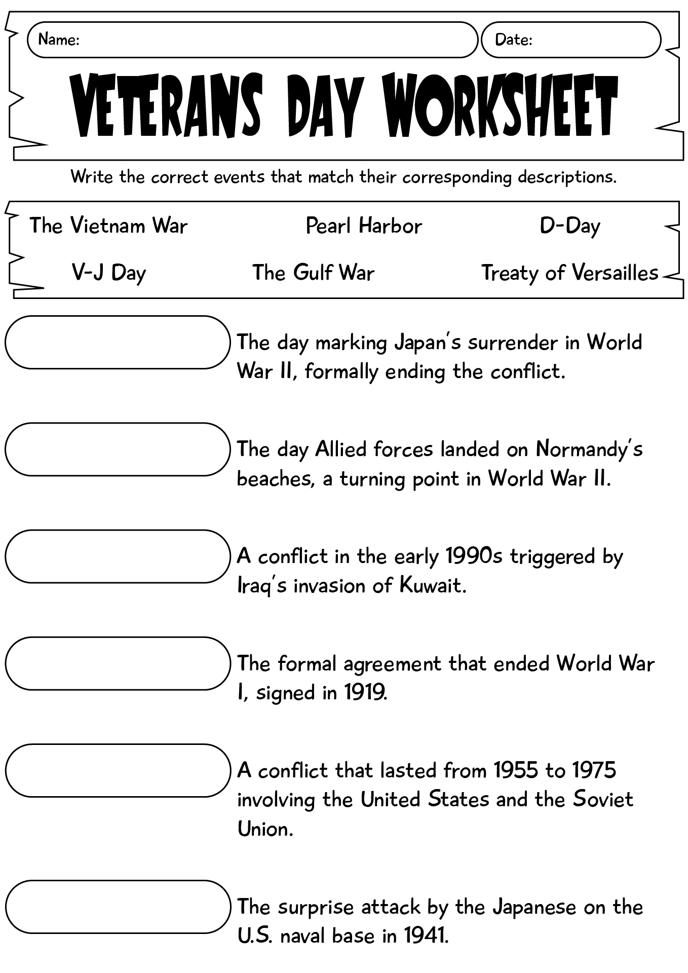 Veterans Day Fill In The Blank Worksheet