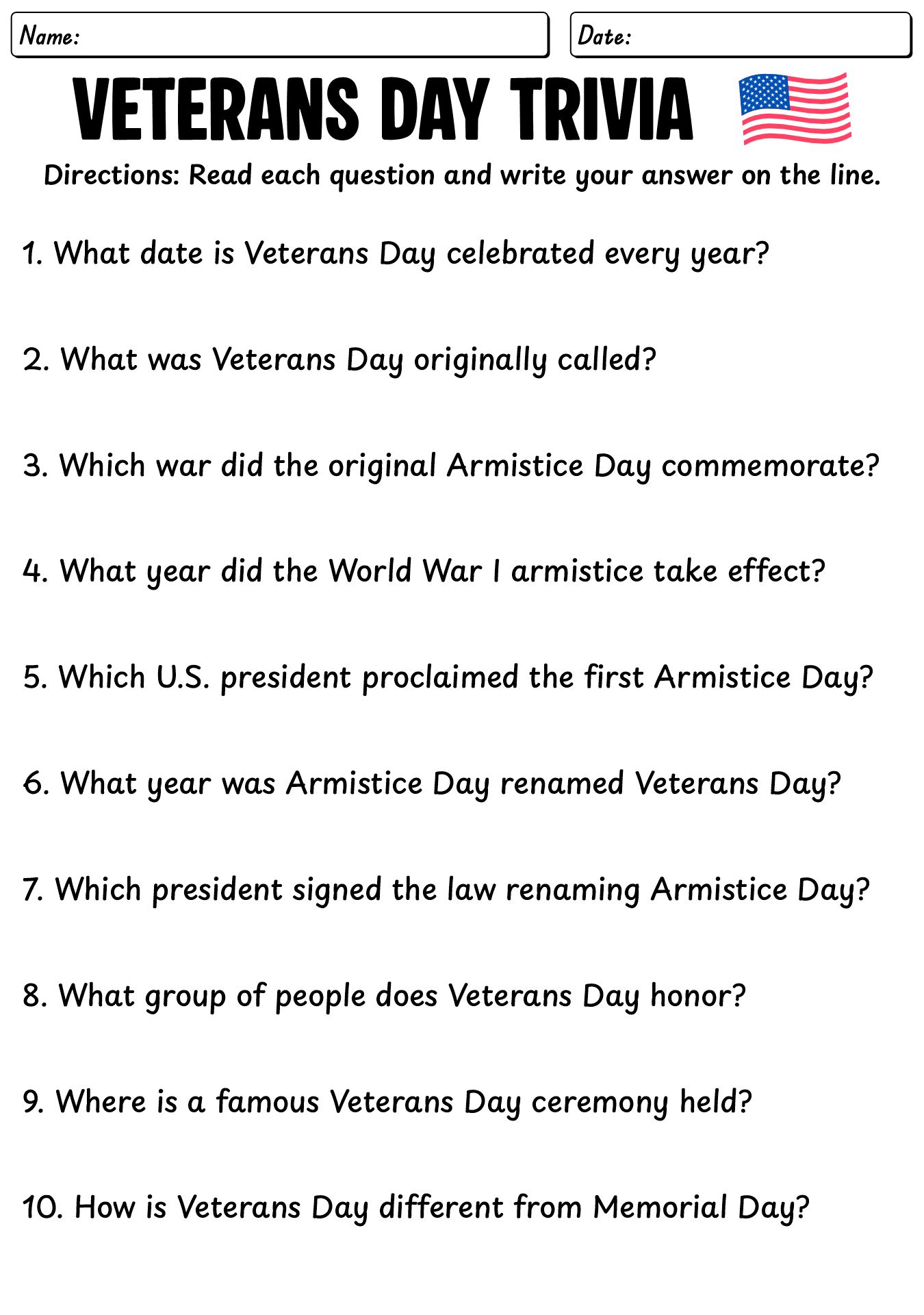 Veterans Day Historical Facts Worksheet