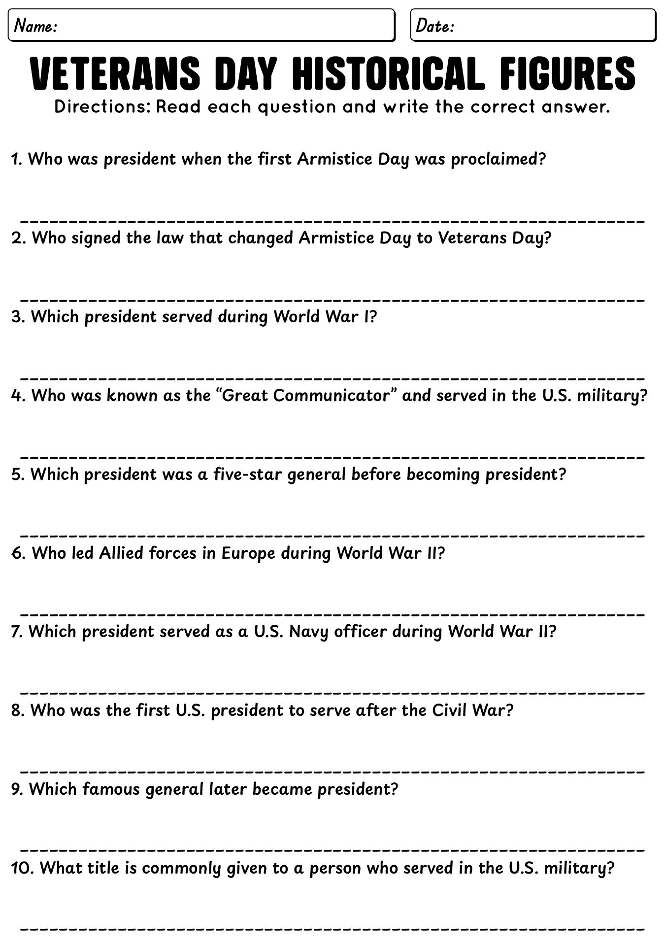 Veterans Day Historical Figures Worksheet