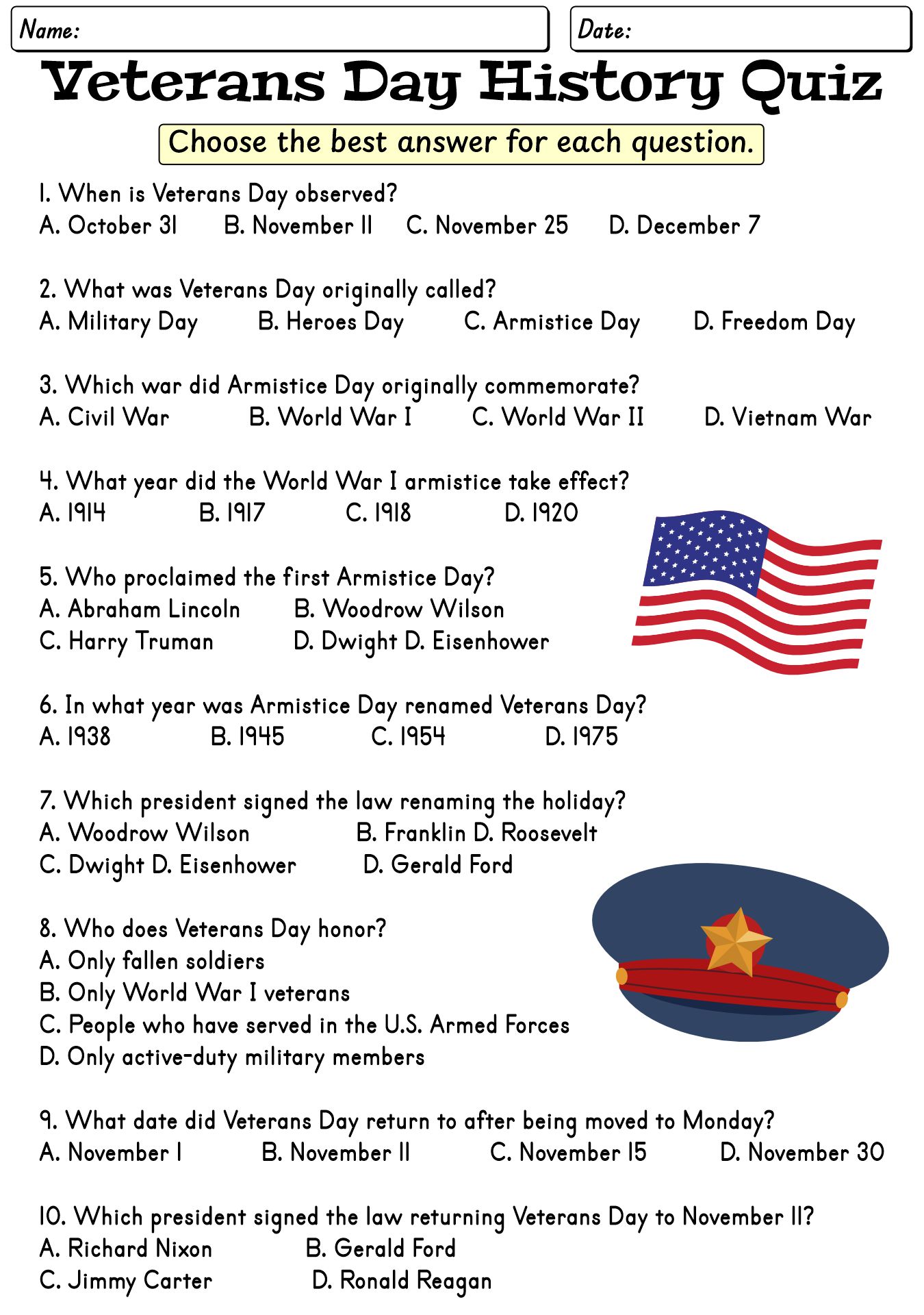 Veterans Day History Quiz and Worksheet