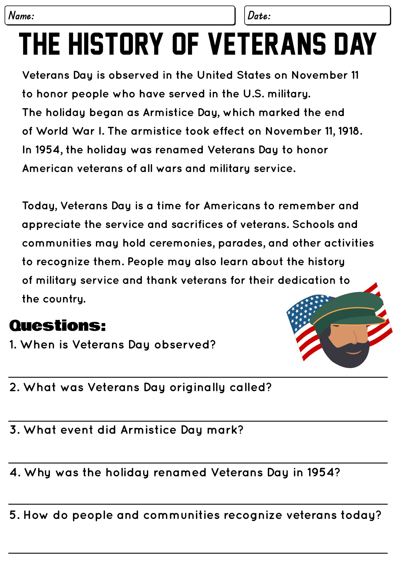 Veterans Day History Reading Exercises for Middle School