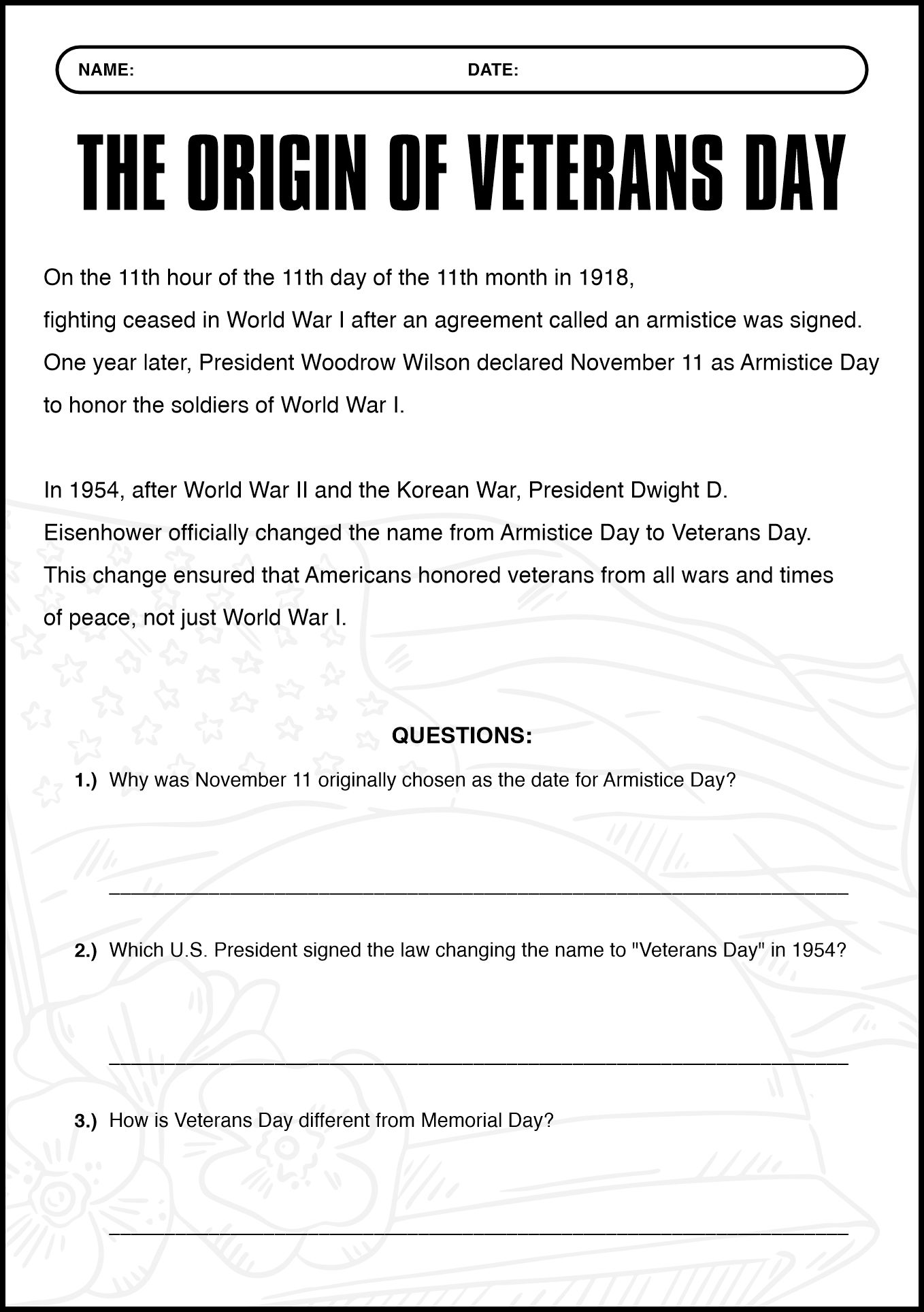 Veterans Day History Worksheets for Elementary Students