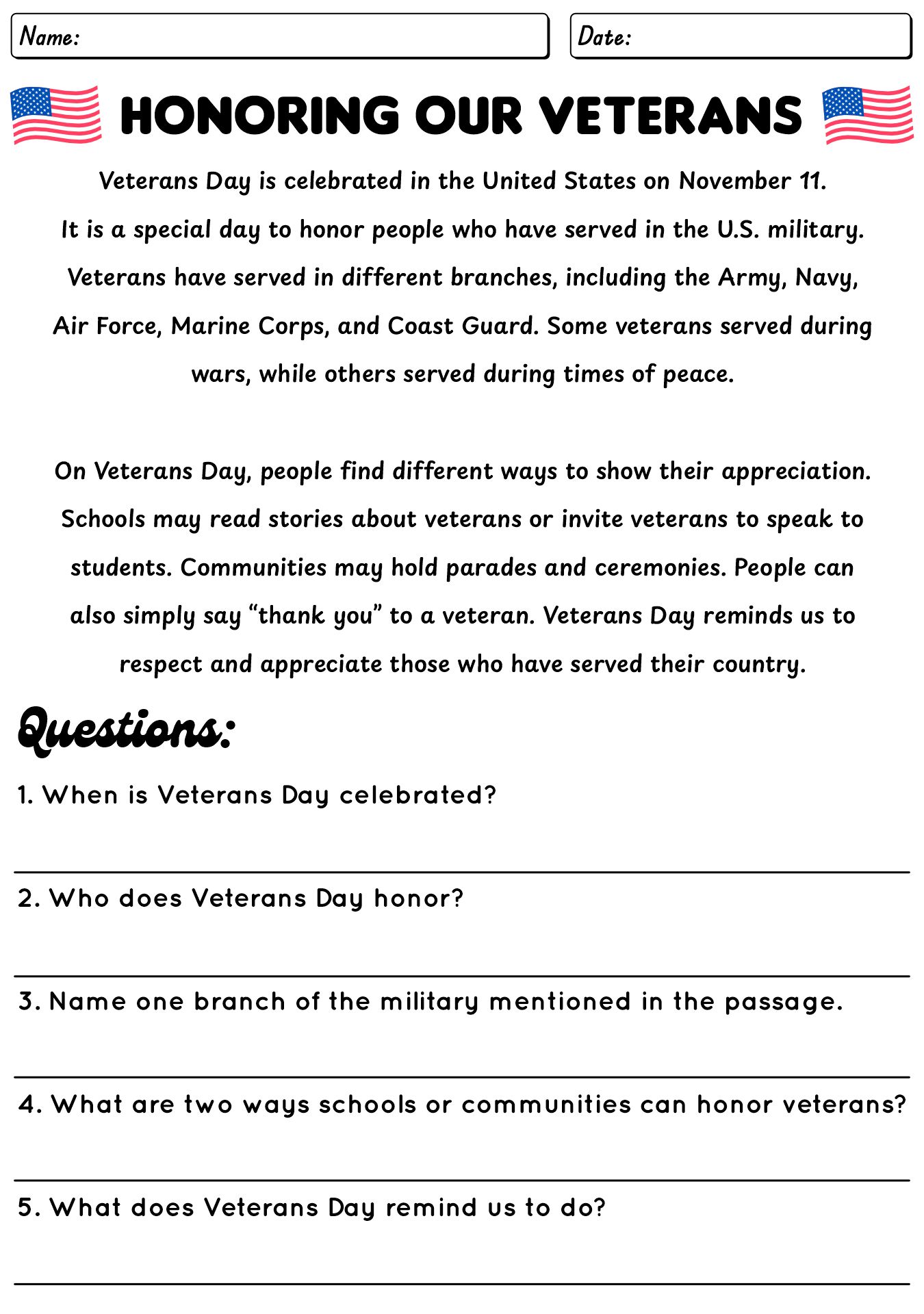 Veterans Day Reading and Questions Sheets for Grade School