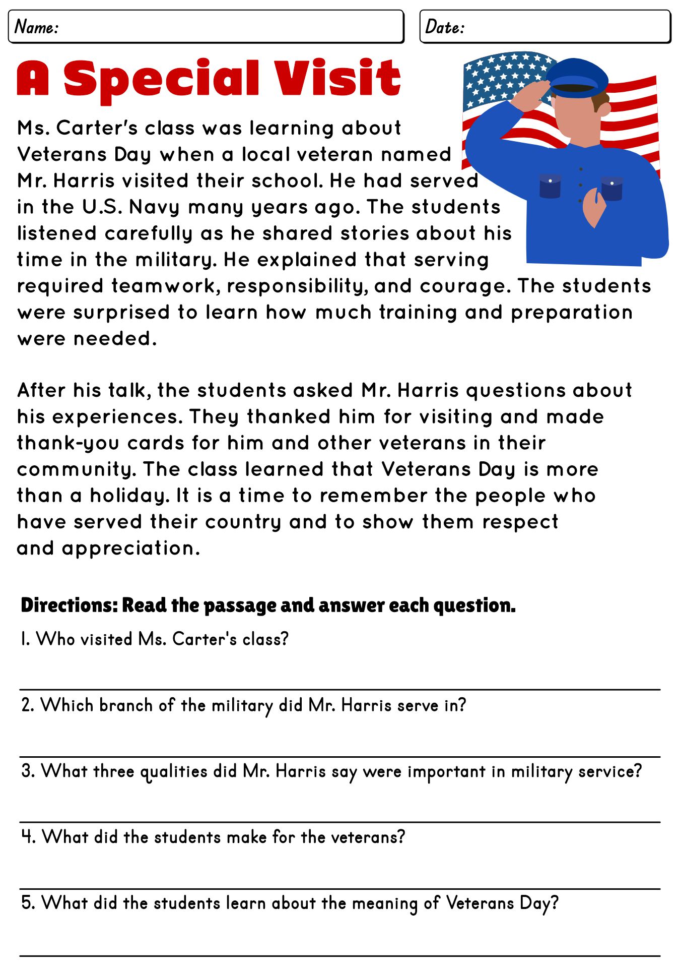 Veterans Day Reading Passage Worksheet