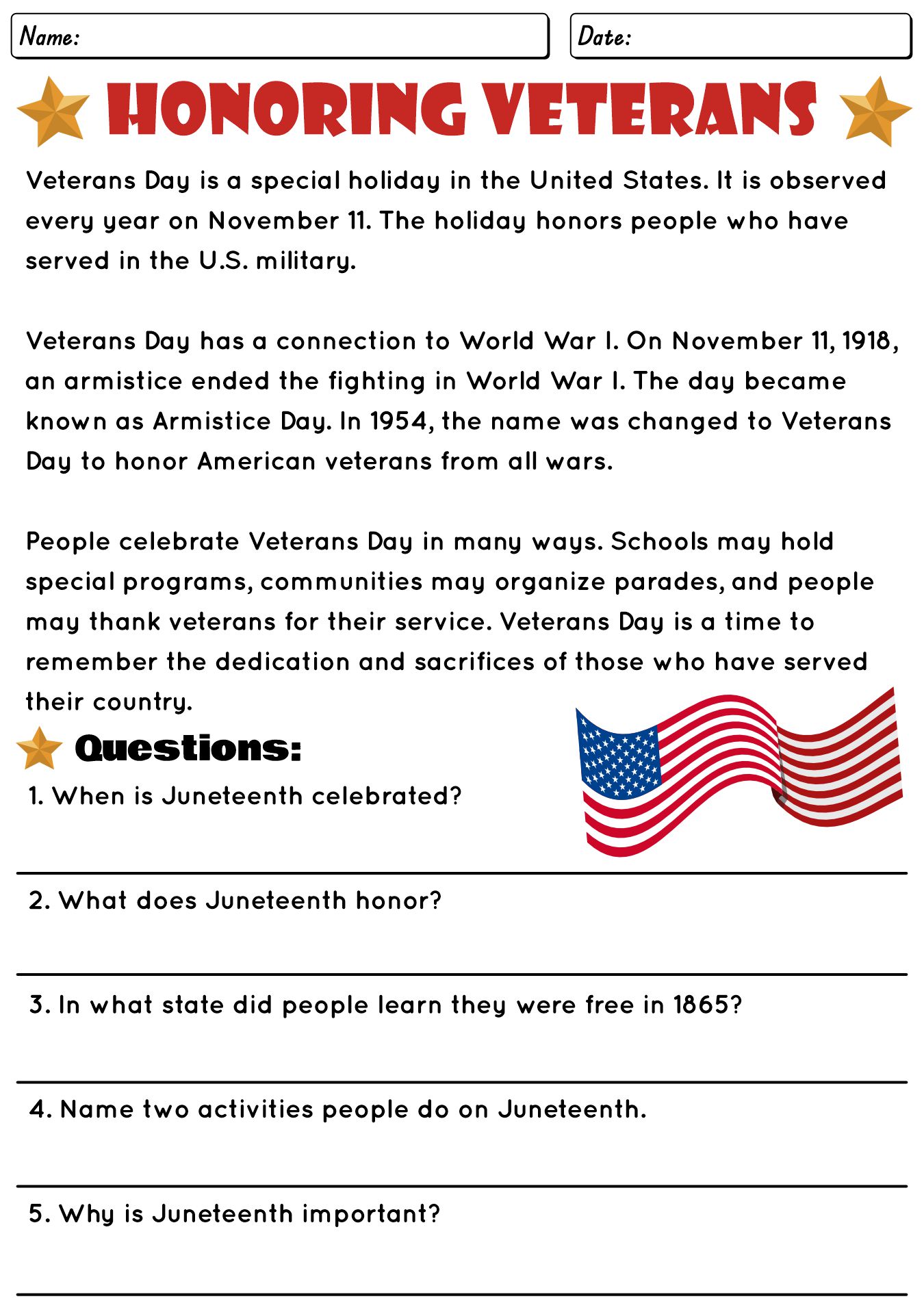 Veterans Day Reading Worksheet