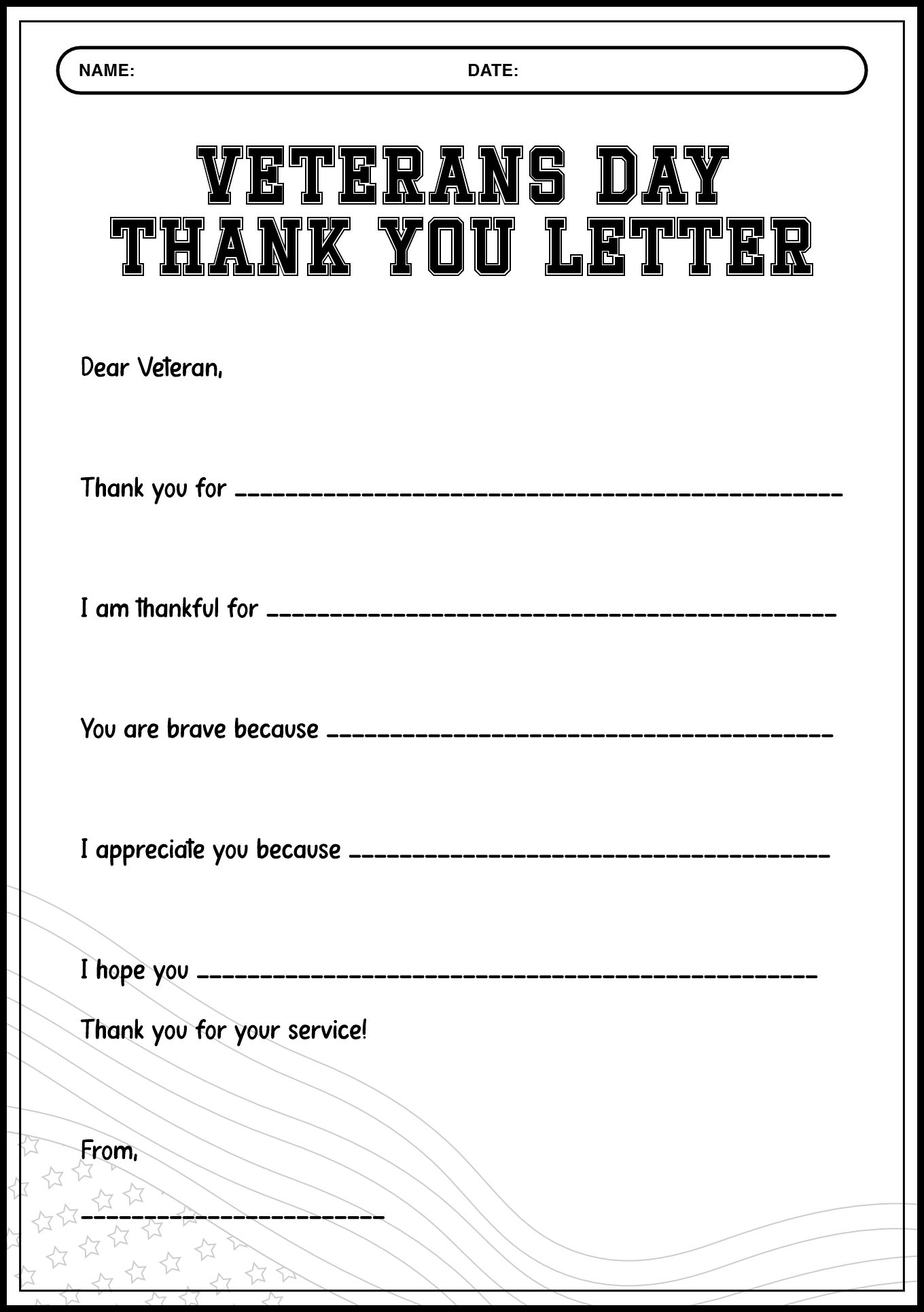 Veterans Day Thank You Letters Worksheet for Students