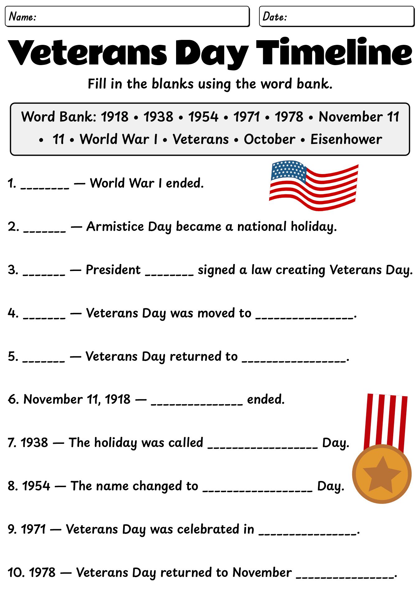 Veterans Day Timeline and History Worksheet