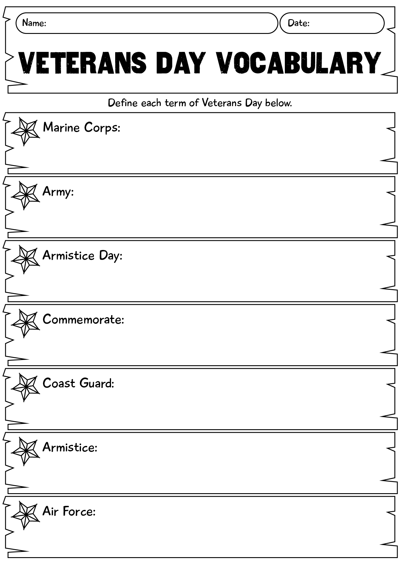Veterans Day Vocabulary Worksheet