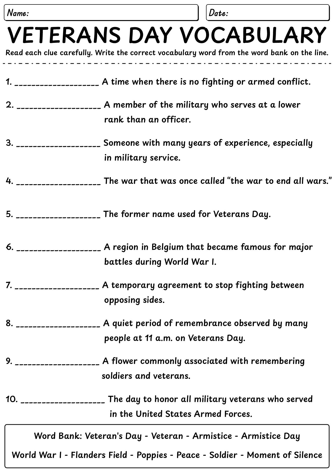 Veterans Day Vocabulary Worksheet