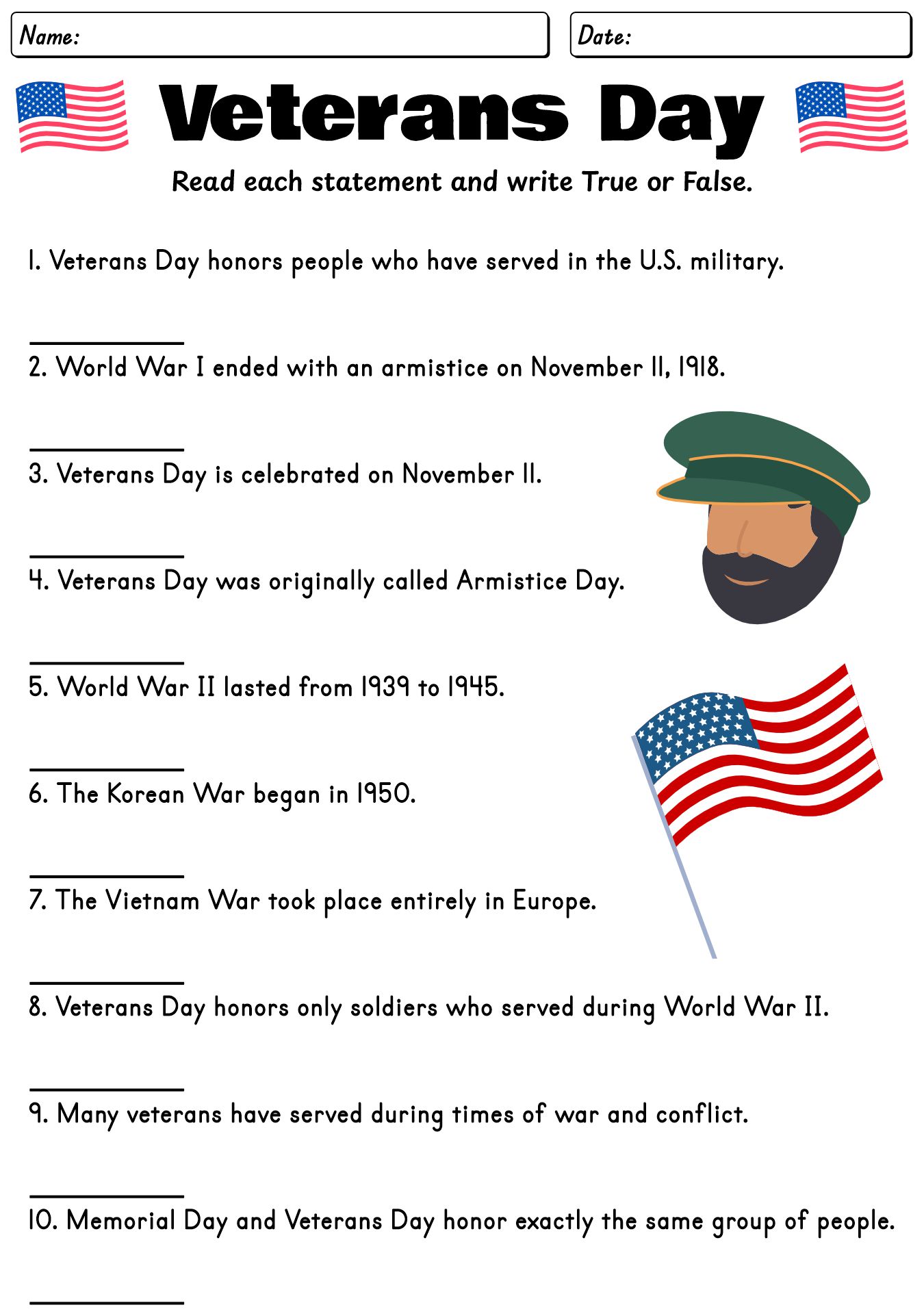 Veterans Day War History Worksheet