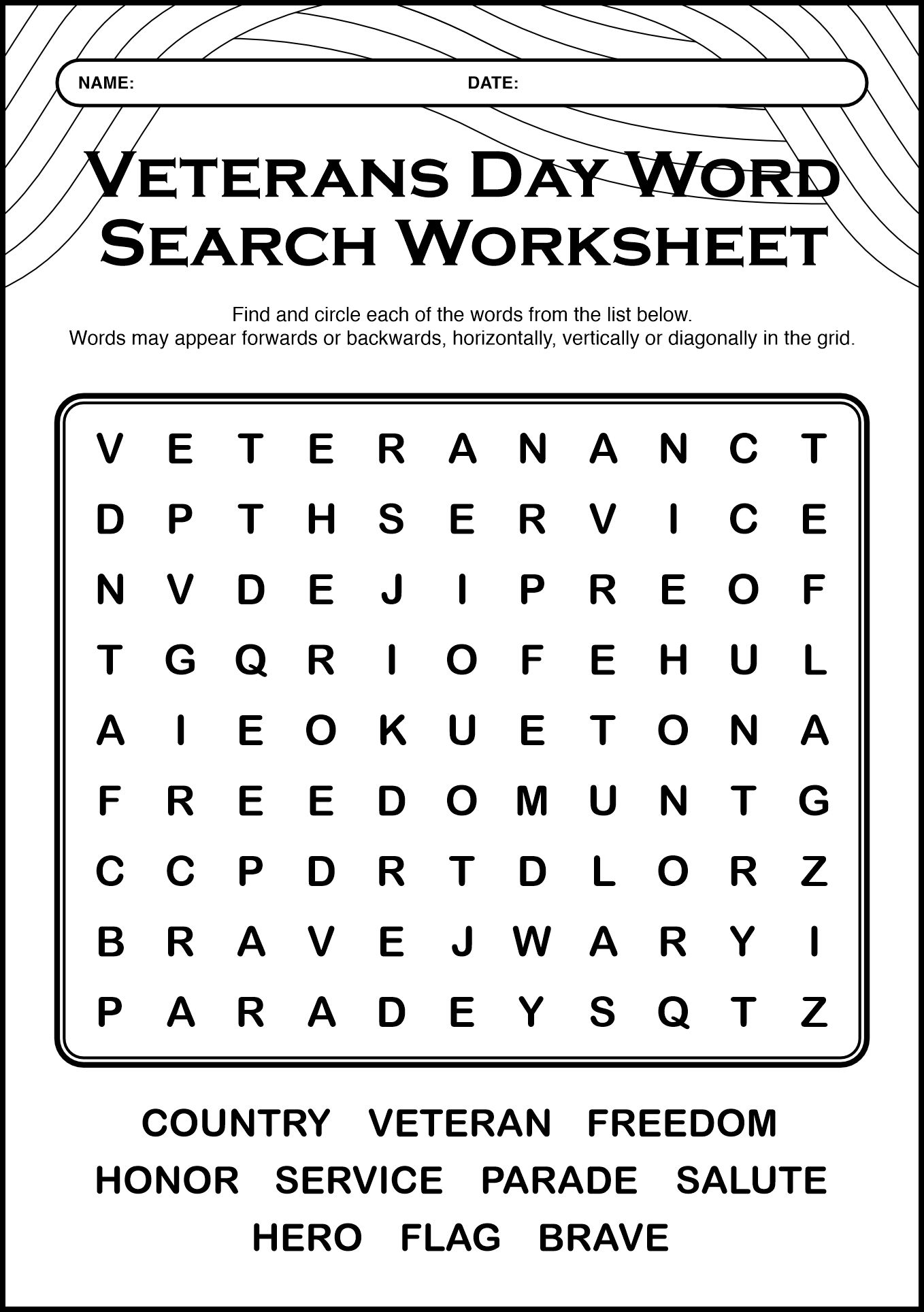Veterans Day Word Search Worksheet for Elementary School