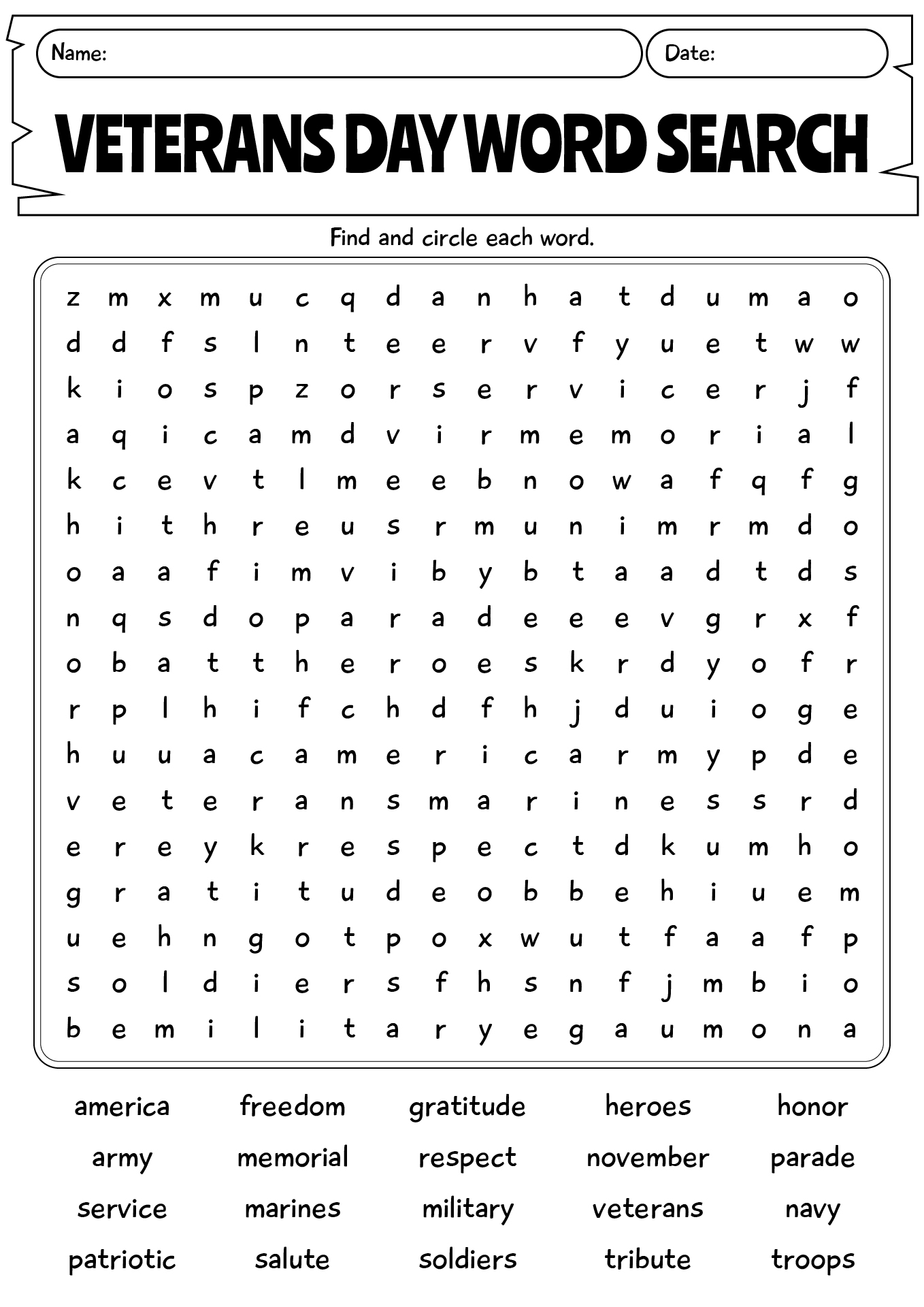 Veterans Day Word Search Worksheet