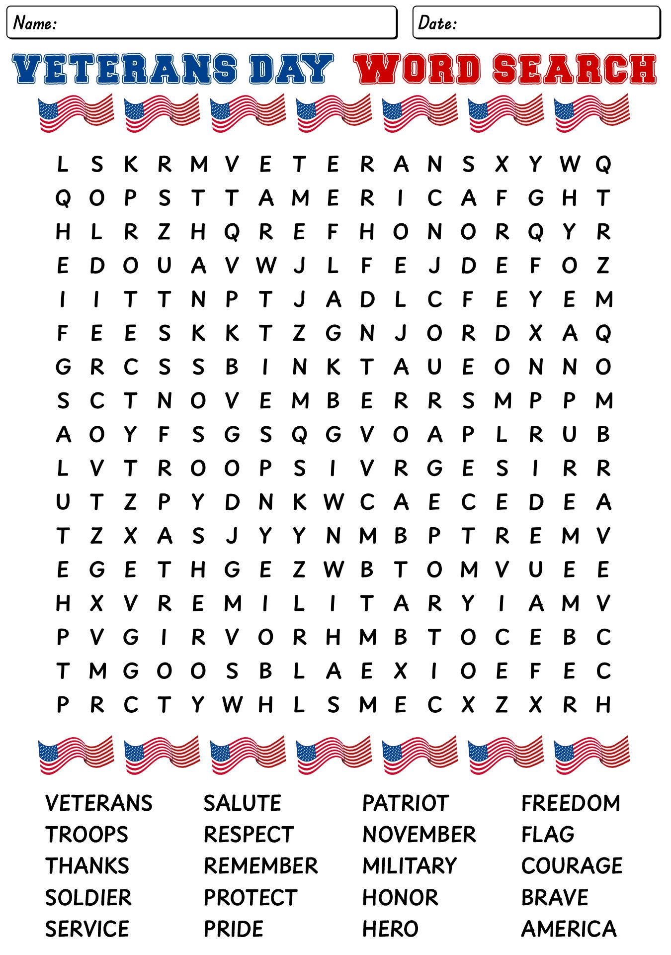 Veterans Day Word Search Worksheet