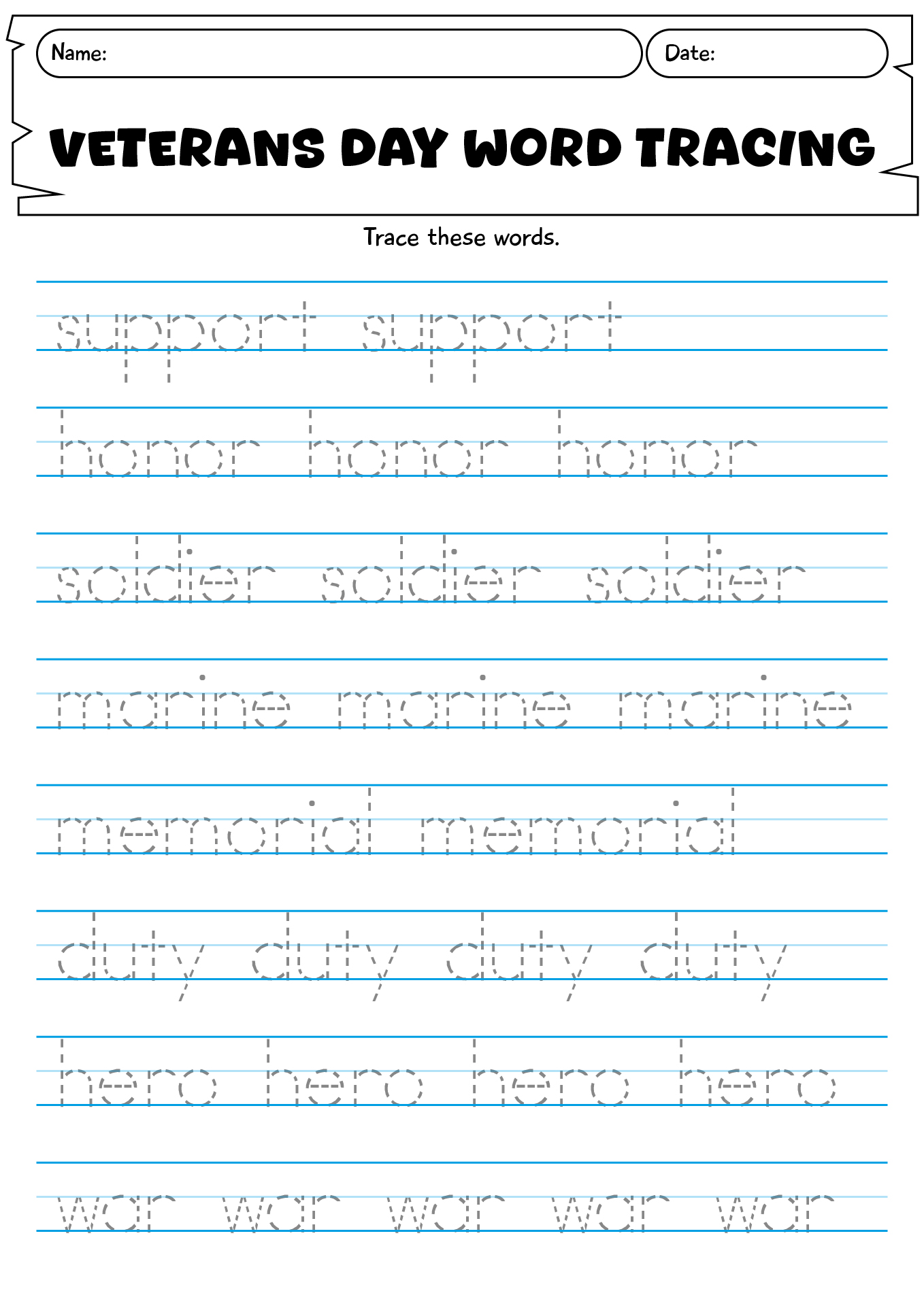 Veterans Day Words Tracing Worksheet