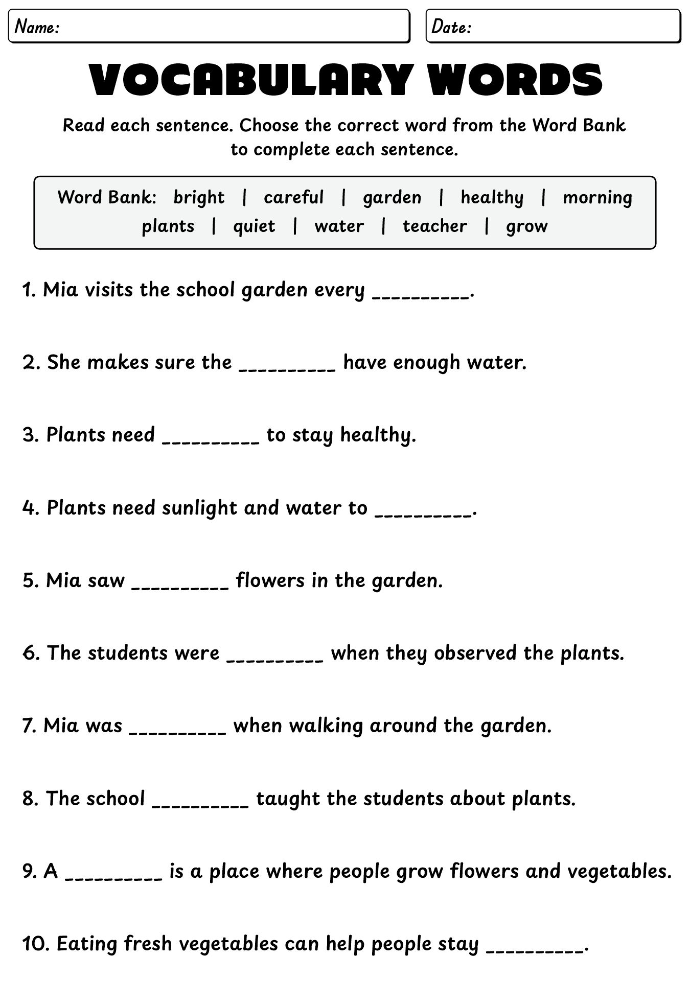 Vocabulary Worksheet For 3rd Grade Students
