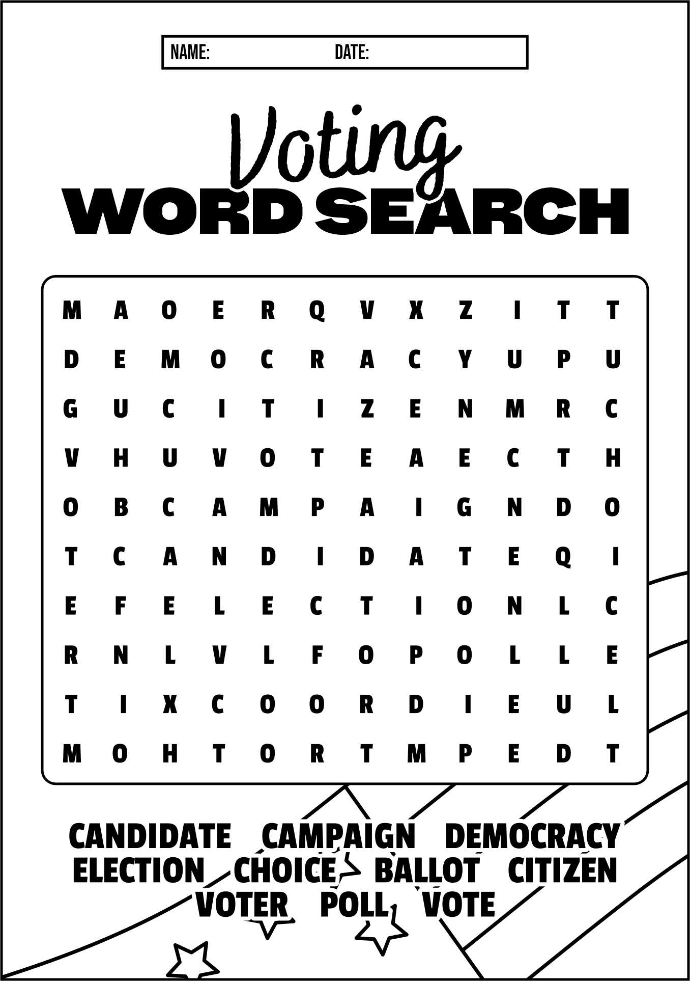 Voting Word Search Puzzle Worksheet