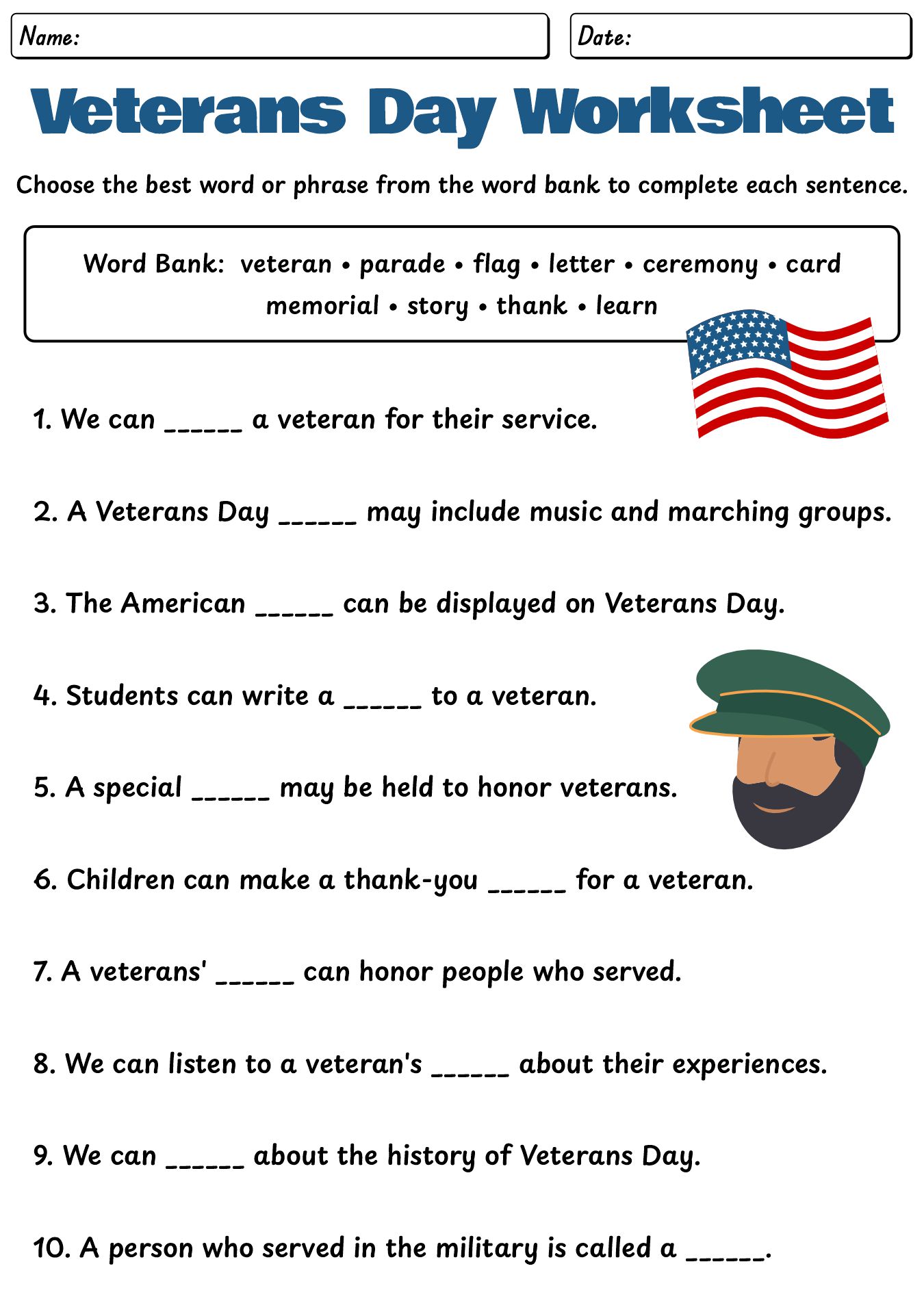 Ways To Celebrate Veterans Day Worksheet
