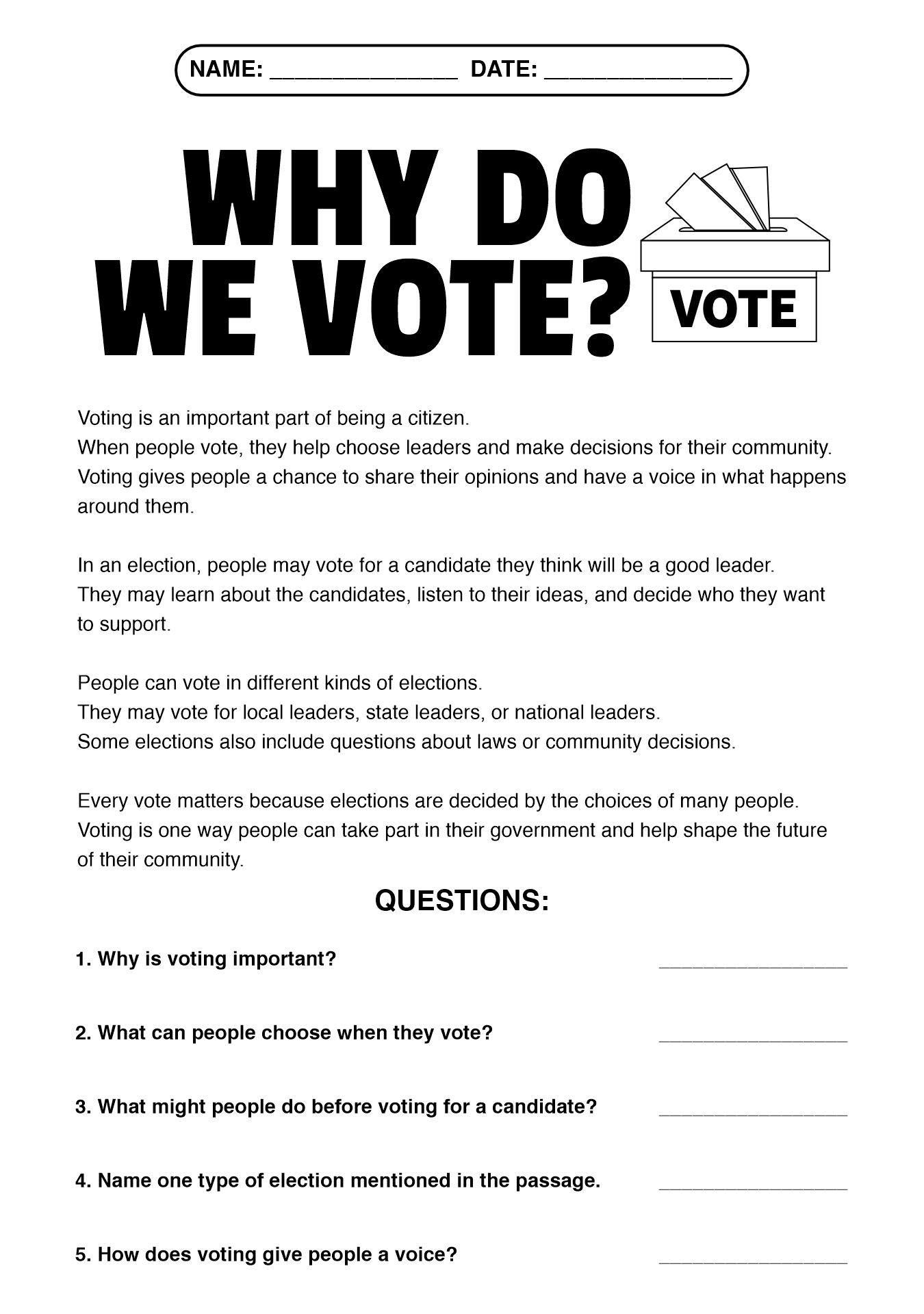 Why do We Vote Reading Worksheet