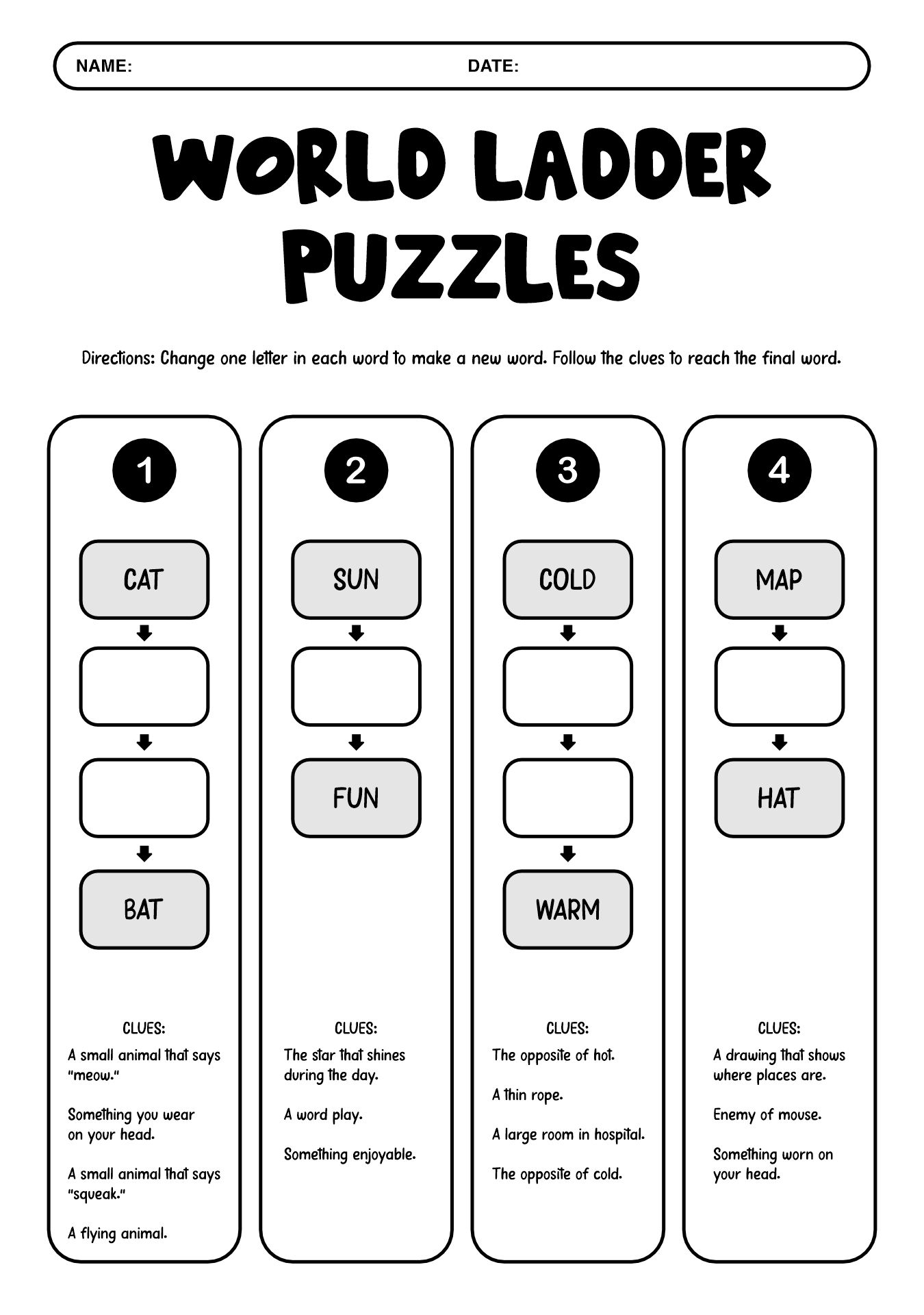 Word Ladder Puzzles Worksheet for Kids