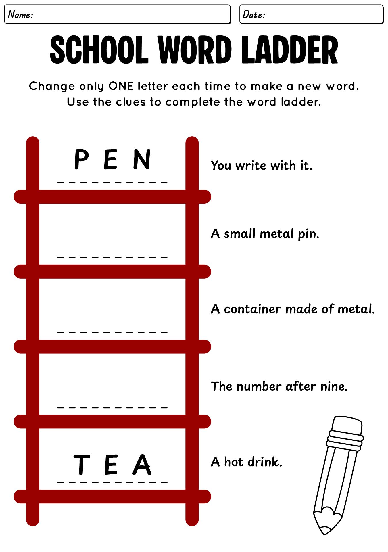 Word Ladder Worksheets for Middle School Language Arts