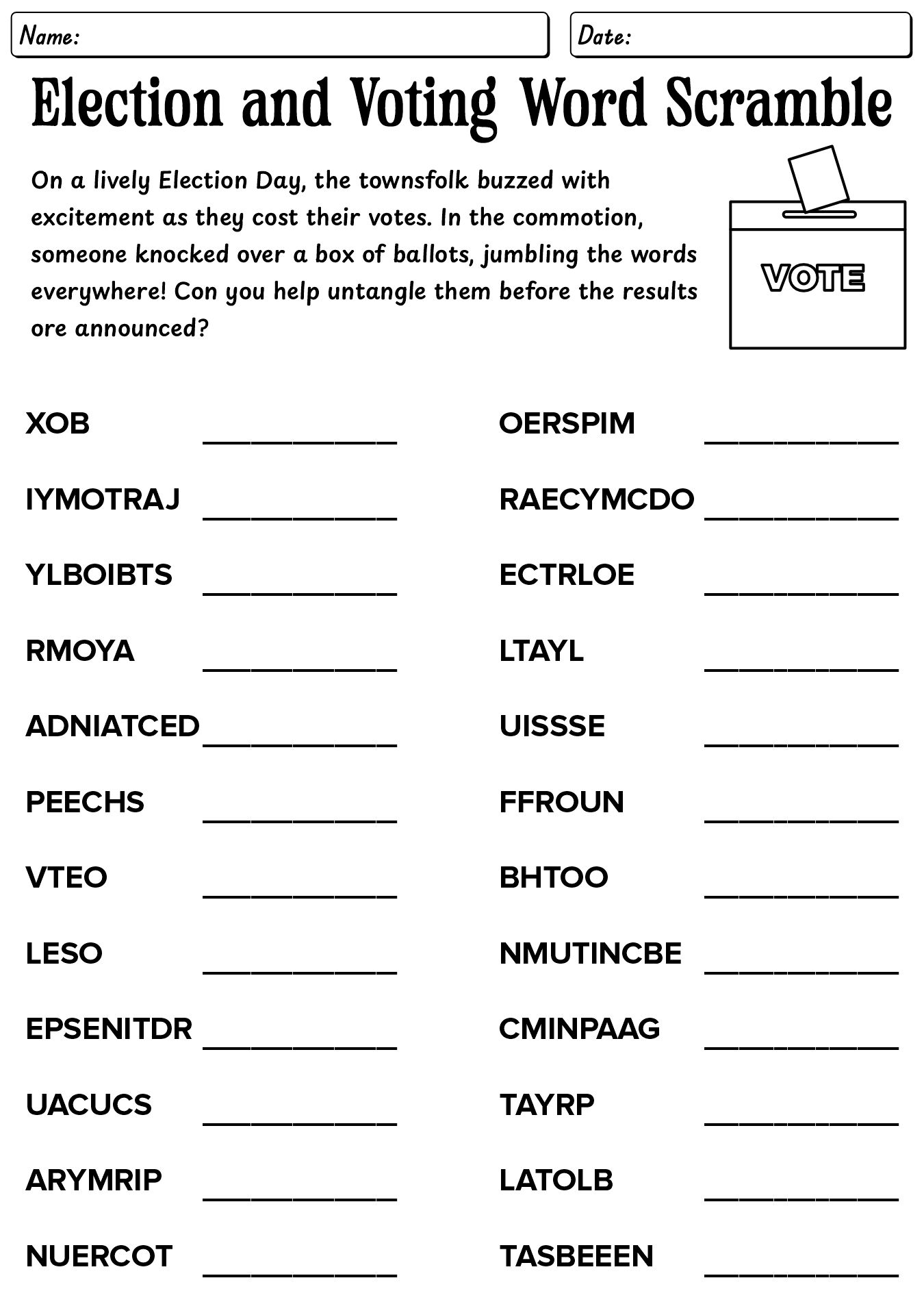Word Scramble Election And Voting For 5th Grade