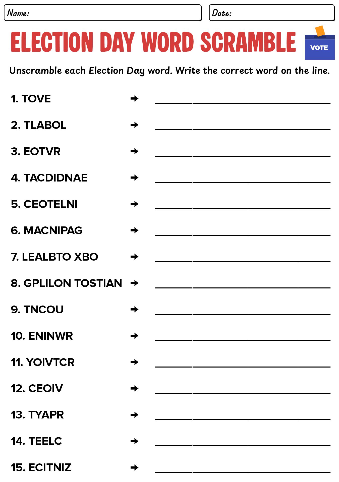 Word Scramble Election Day Worksheet