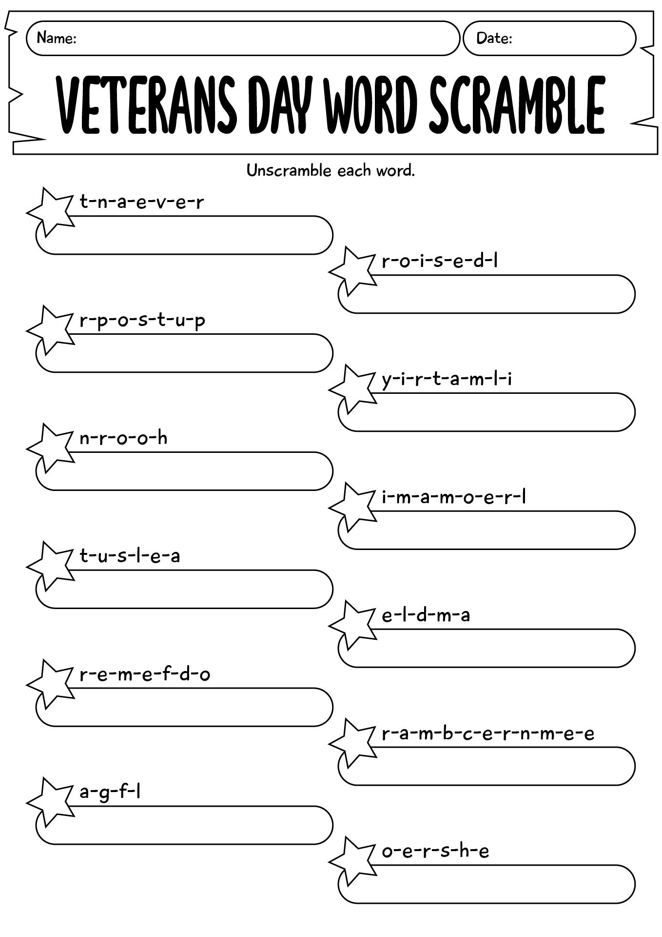 Word Scramble Veterans Day Worksheet