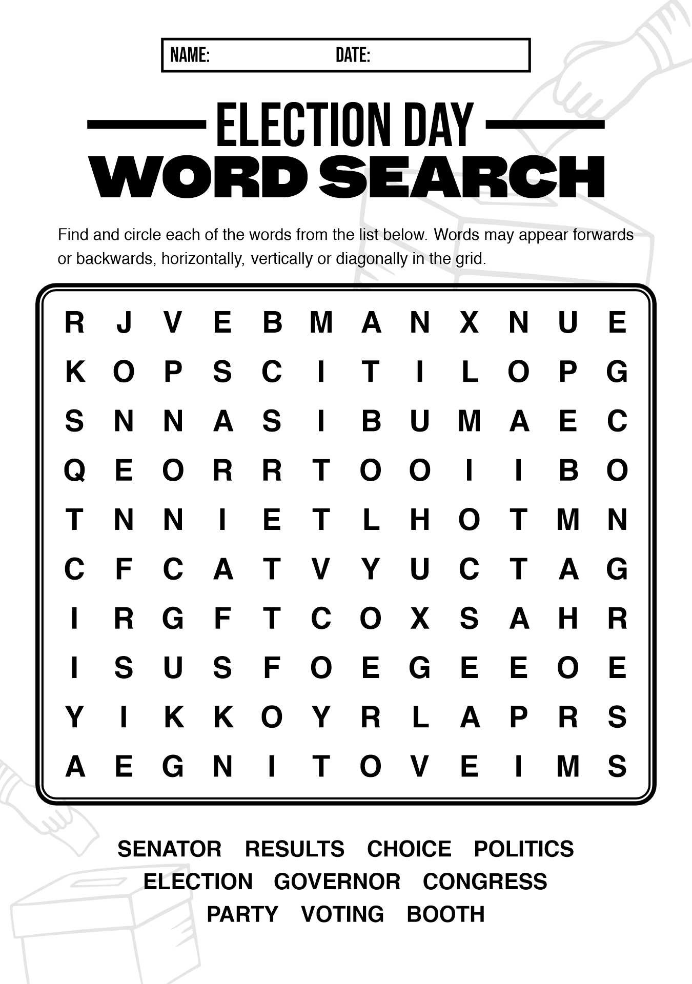 Word Search about Election Day Worksheet